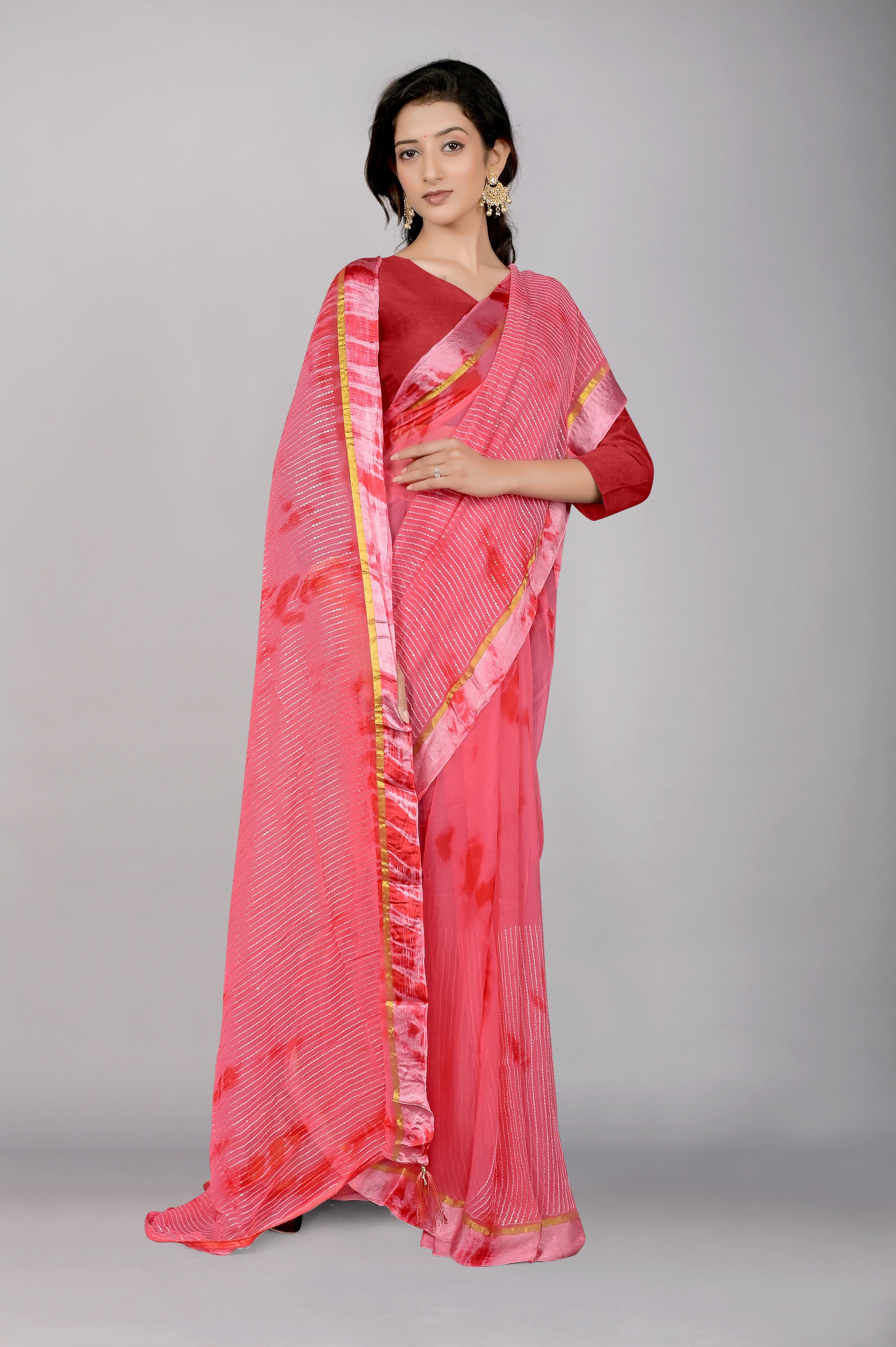 Pink Shibori print Georgette Saree - Kajree