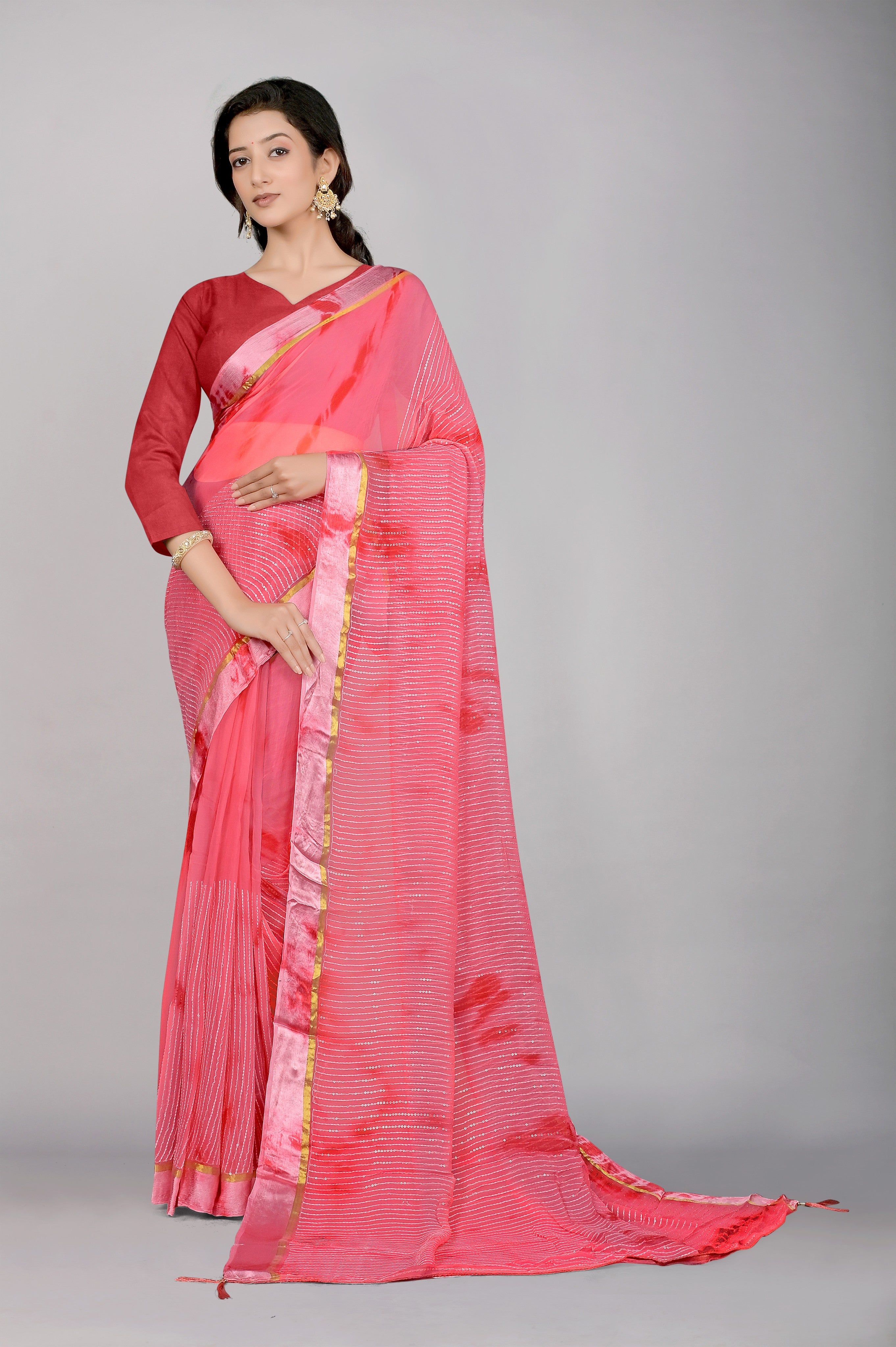 Pink Shibori print Georgette Saree - Kajree