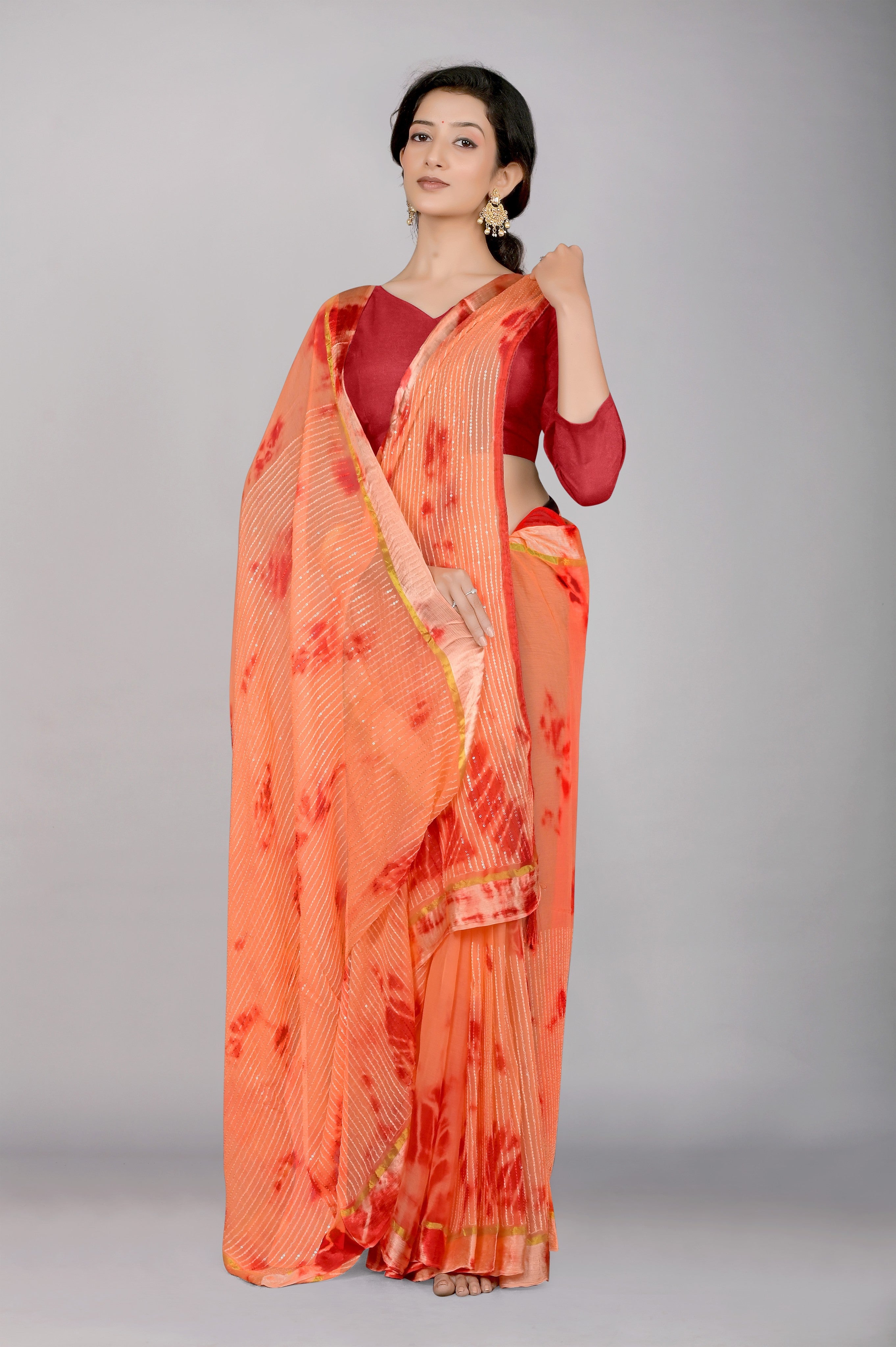 Peach Shibori print Georgette Saree - Kajree
