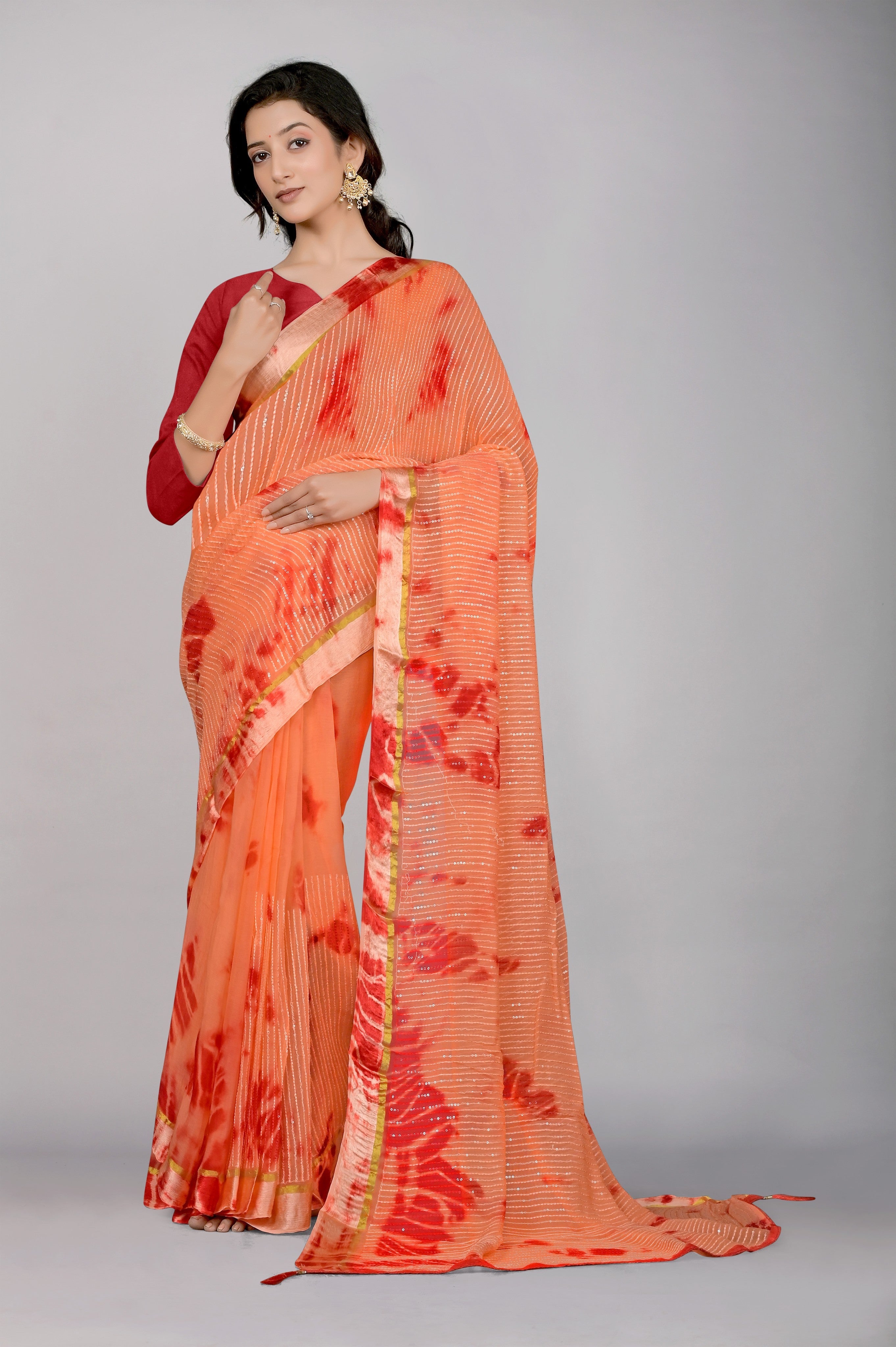 Peach Shibori print Georgette Saree - Kajree