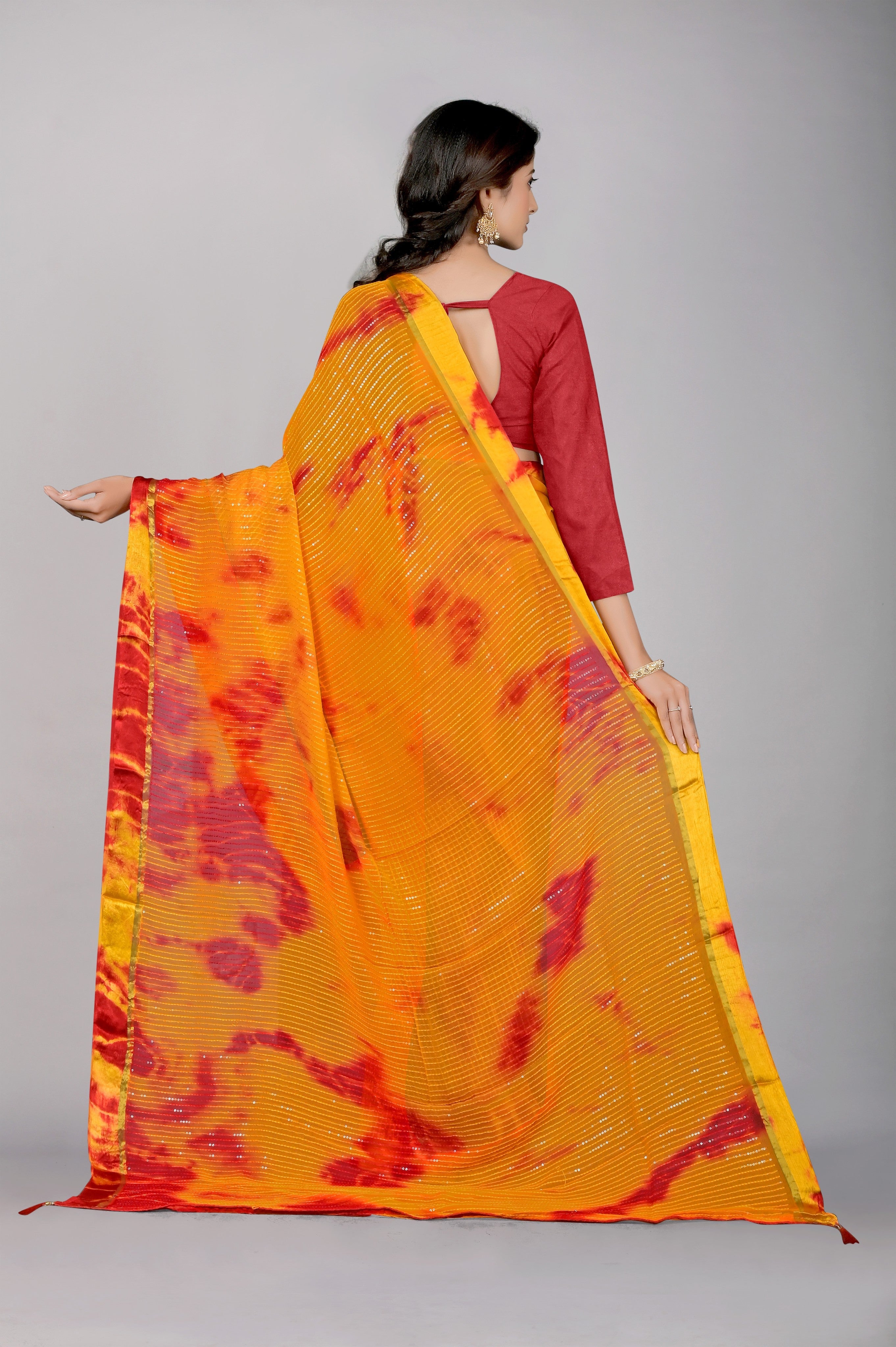 Yellow Shibori print Georgette Saree 