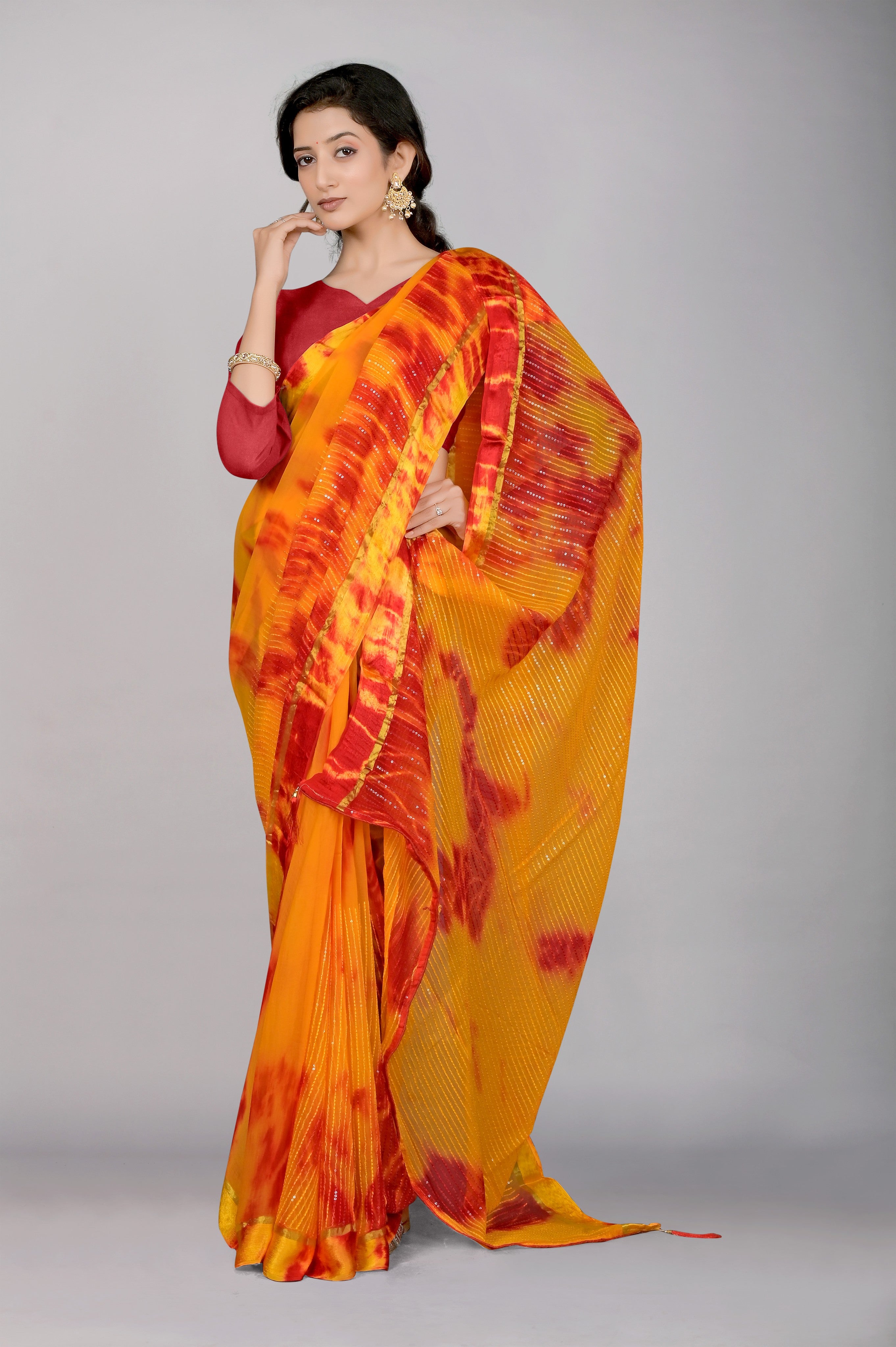 Yellow Shibori print Georgette Saree 