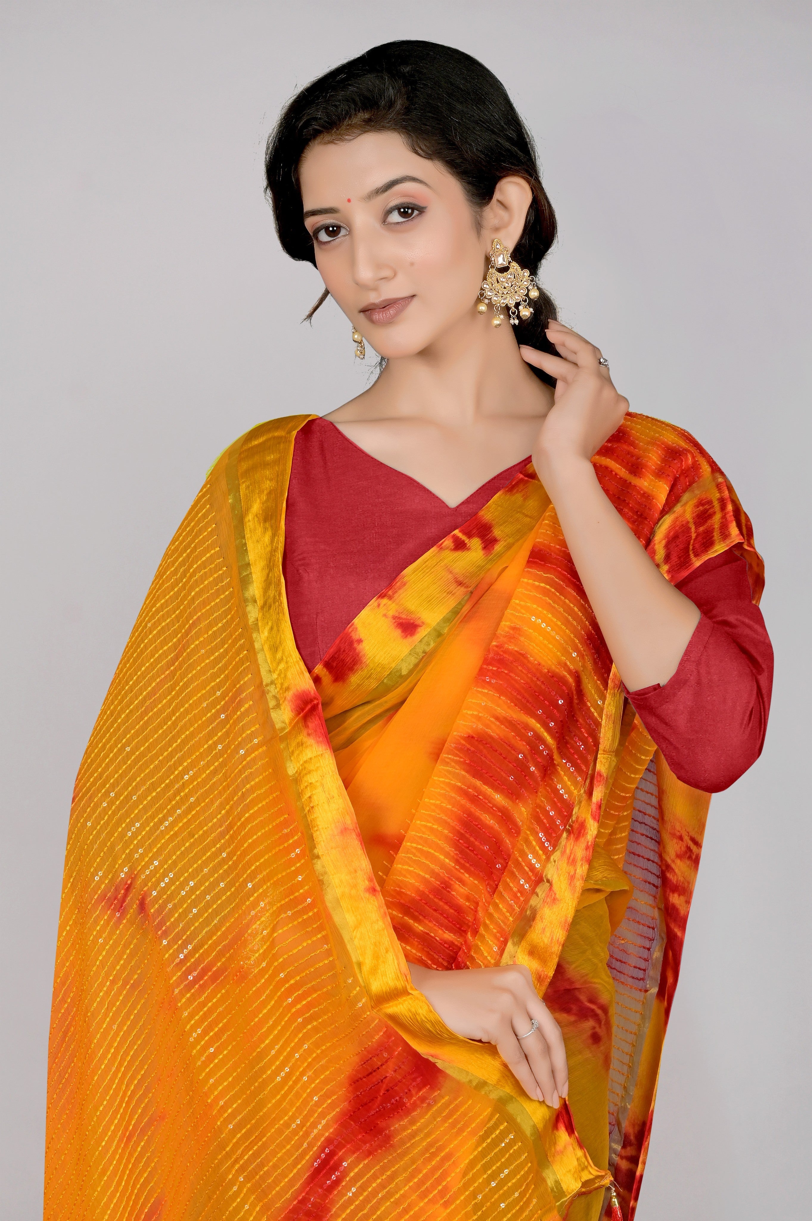 Yellow Shibori print Georgette Saree 