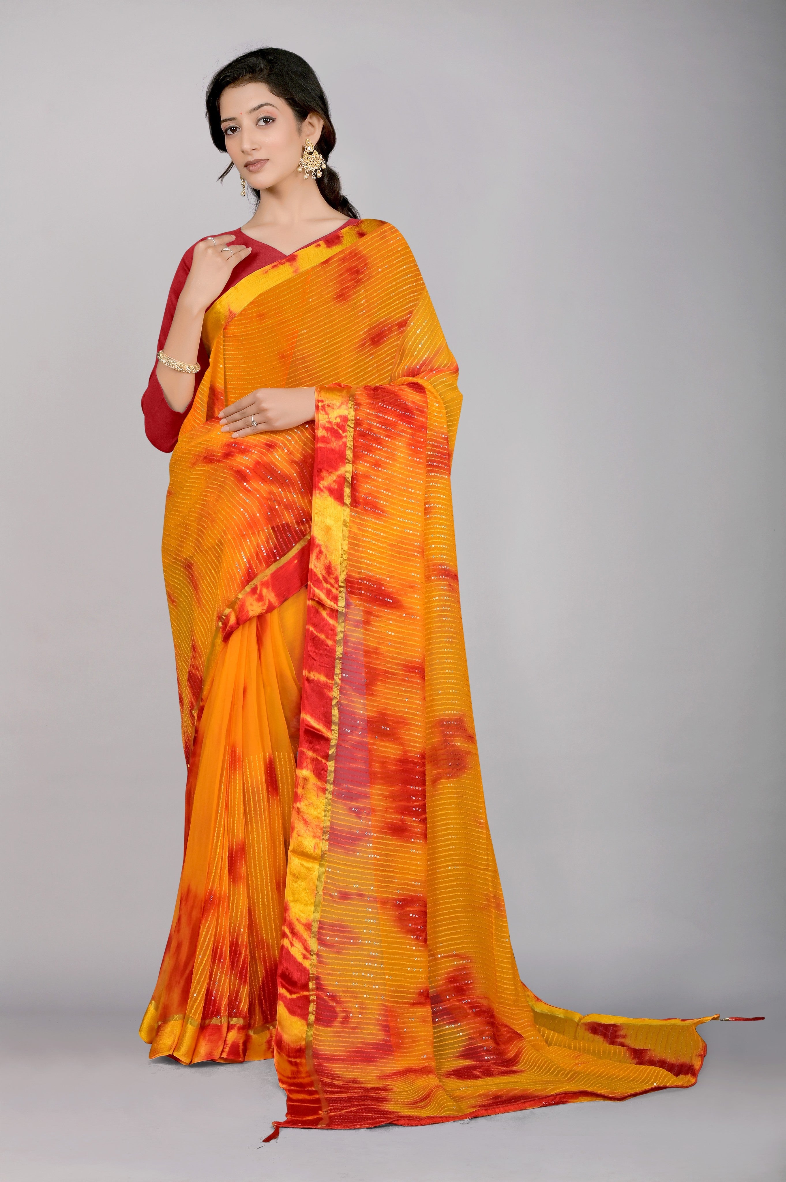 Yellow Shibori print Georgette Saree - Kajree  