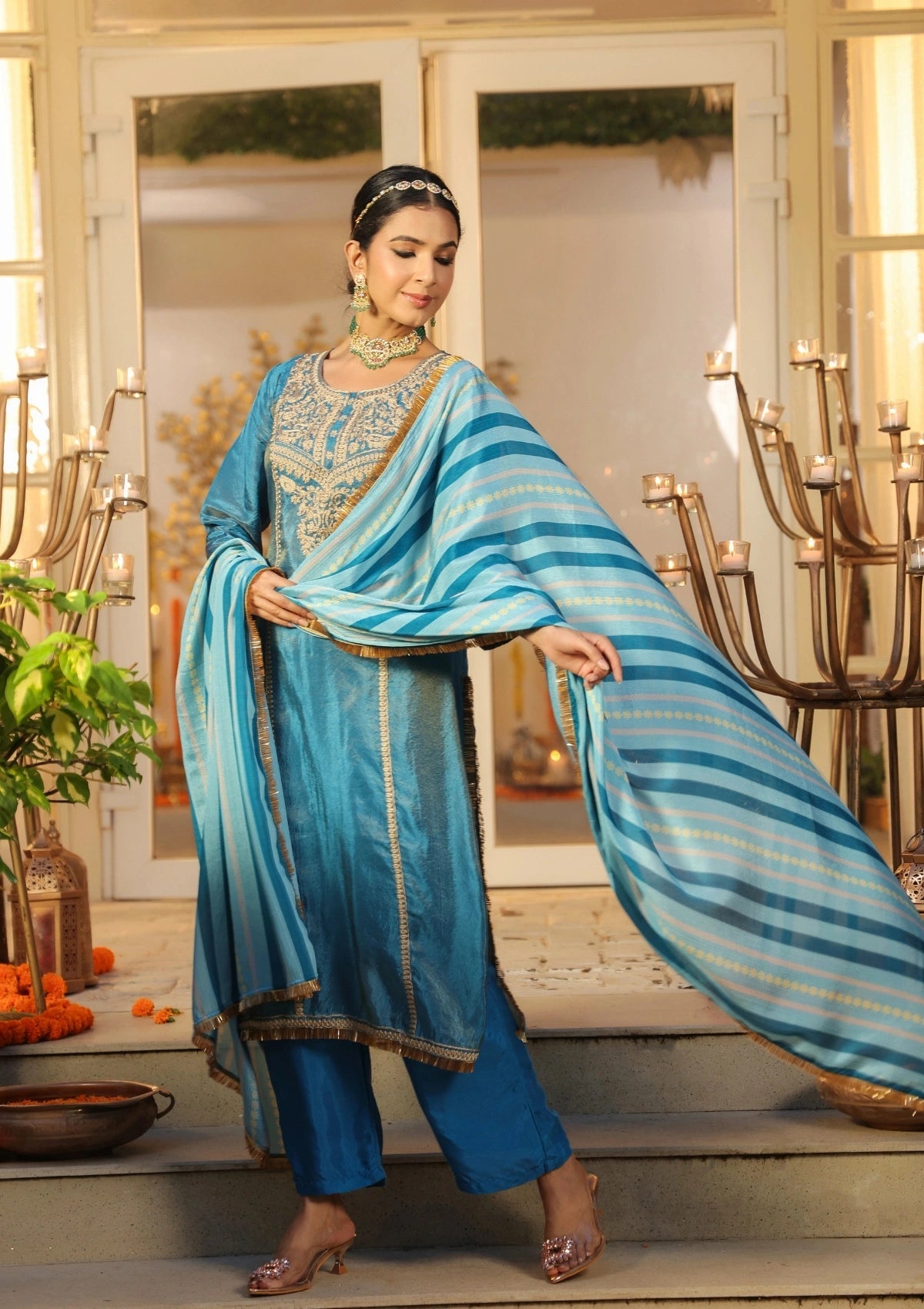 Blue Handwork Silk Kurta Set with Dupatta 