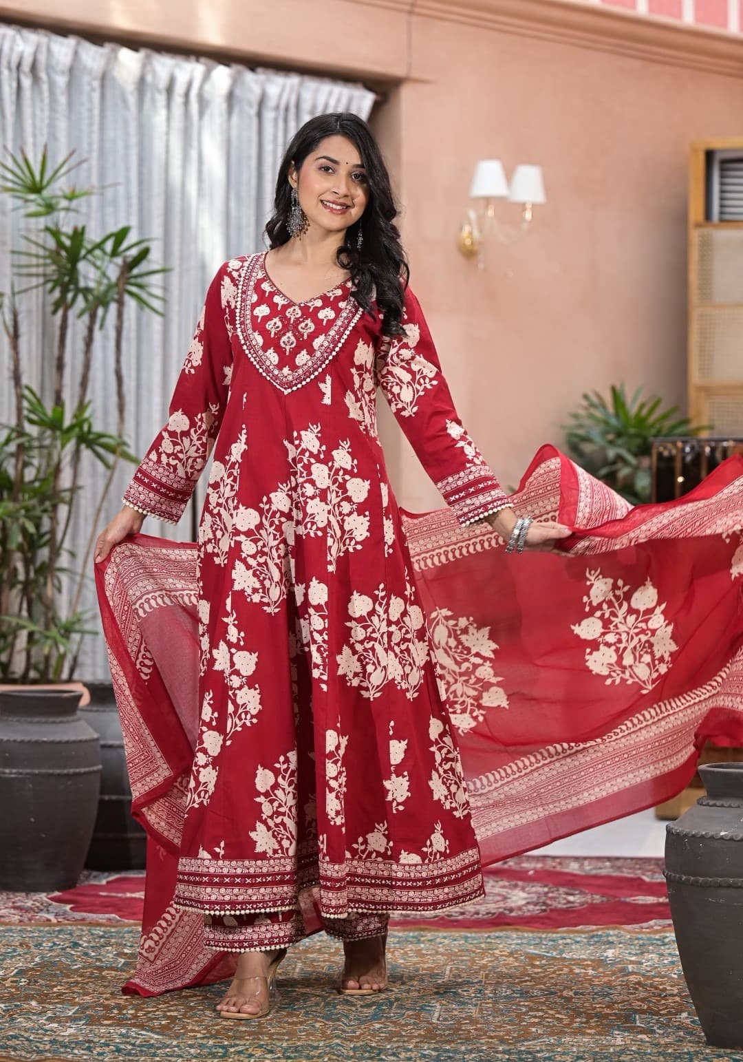 Red Aari work Block Print cotton kurta set 