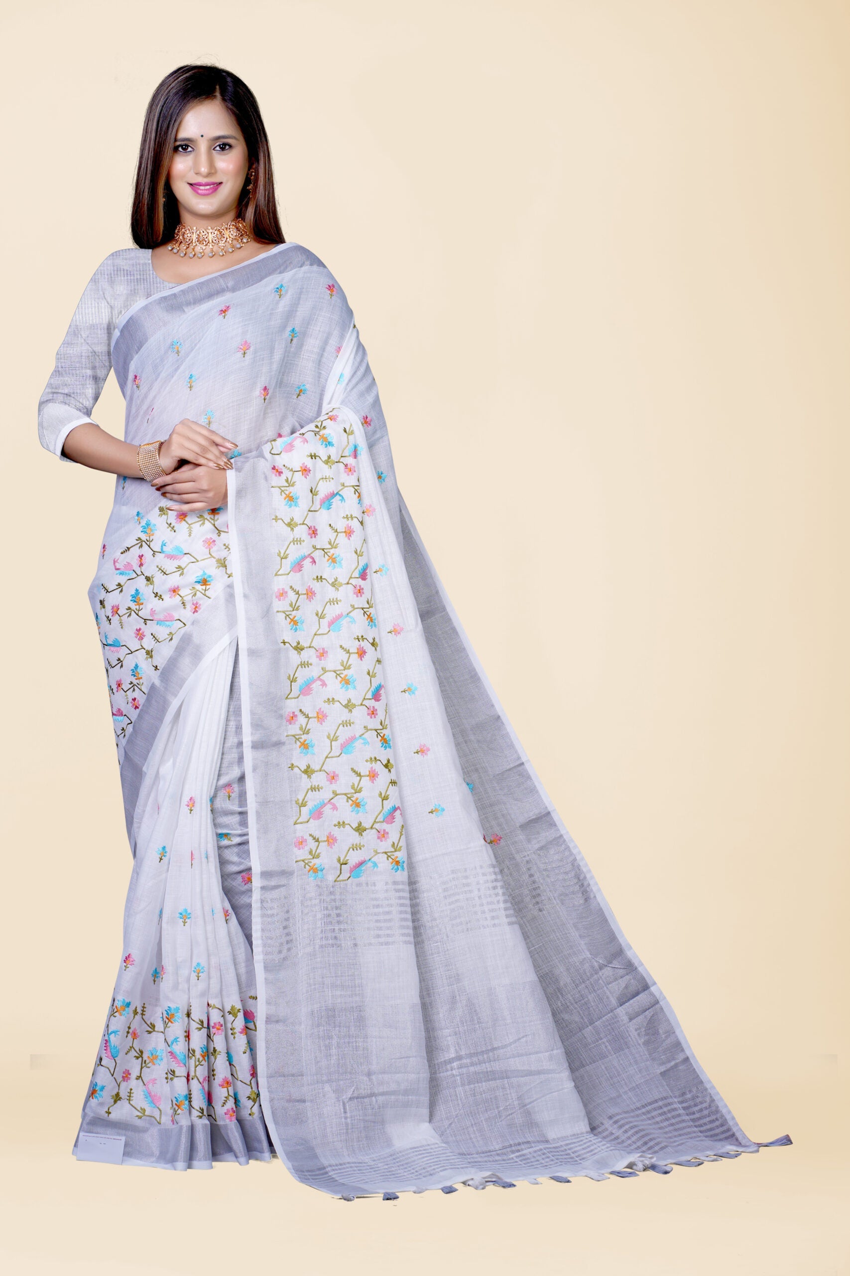 White Threadwork Semi Silk Saree 