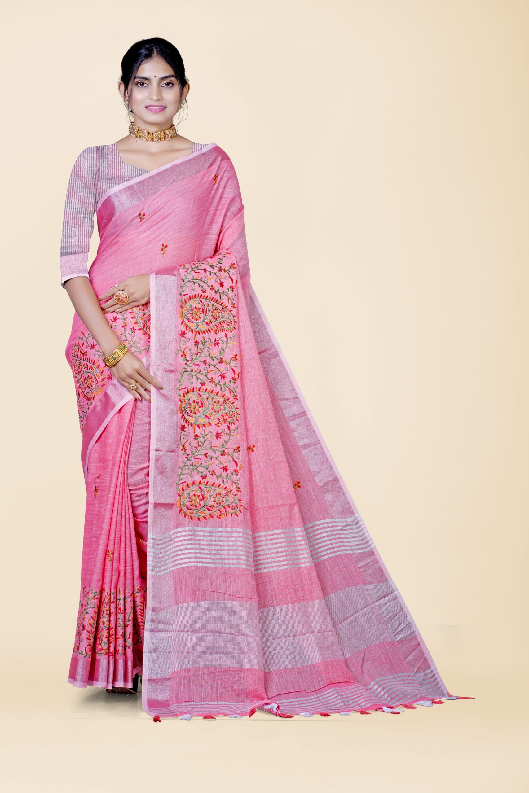 Pink Threadwork Semi Silk Saree 