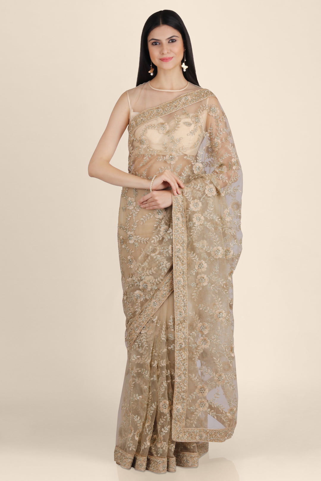 Golden Stonework Net Designer Saree - KAJREE