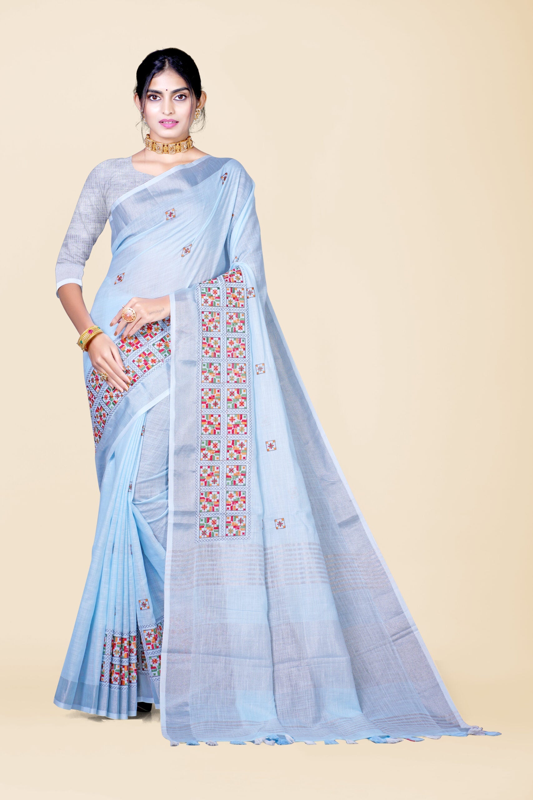 Sky Blue Threadwork Semi Silk Saree 