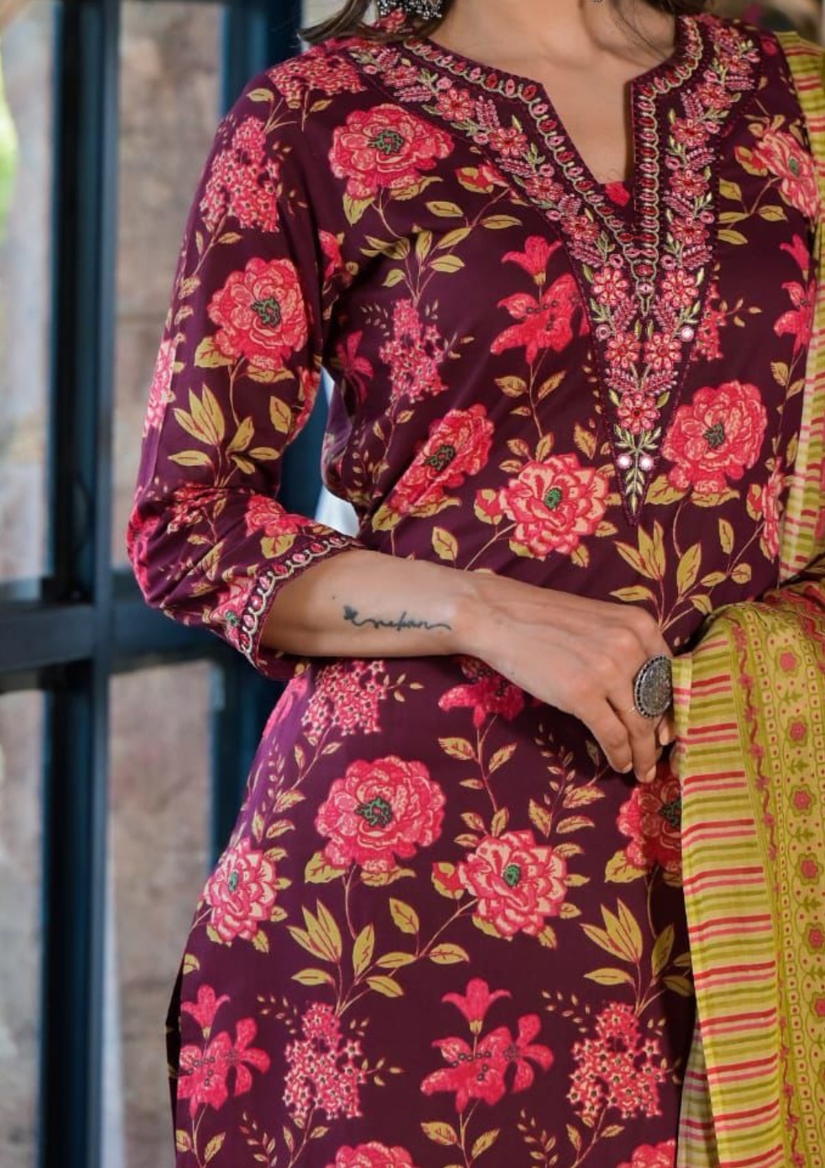 Red Block Printed Cotton Kurta Set - kajree