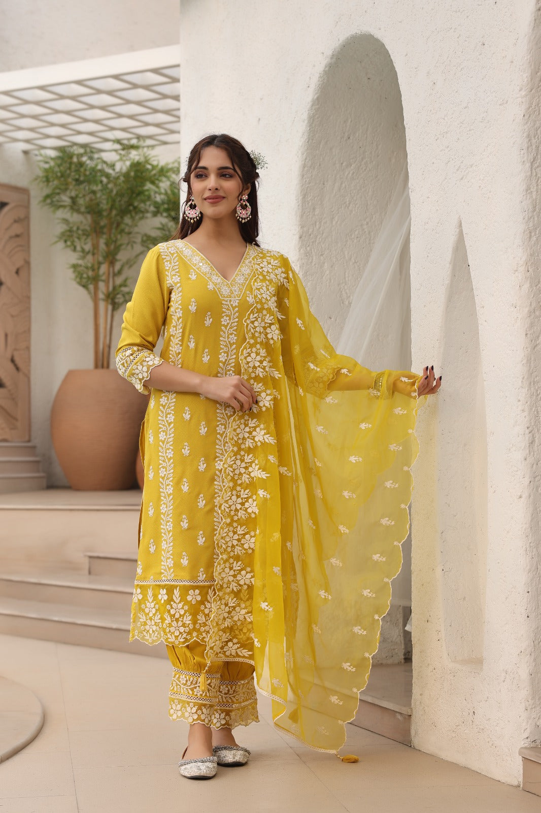 Yellow Threadwork Cotton Dobby Kurta Set - KAJREE