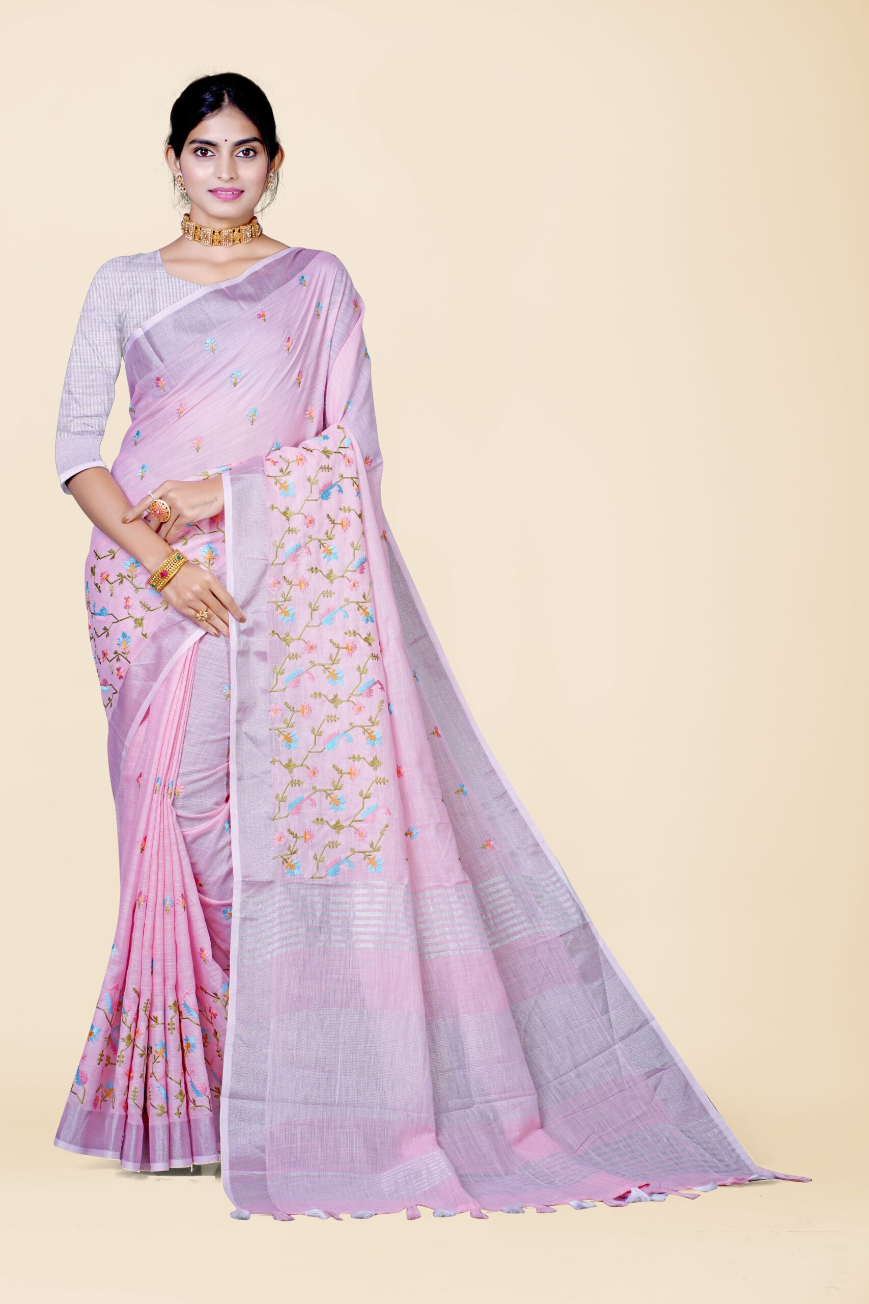Baby Pink Threadwork Cotton Silk Saree 