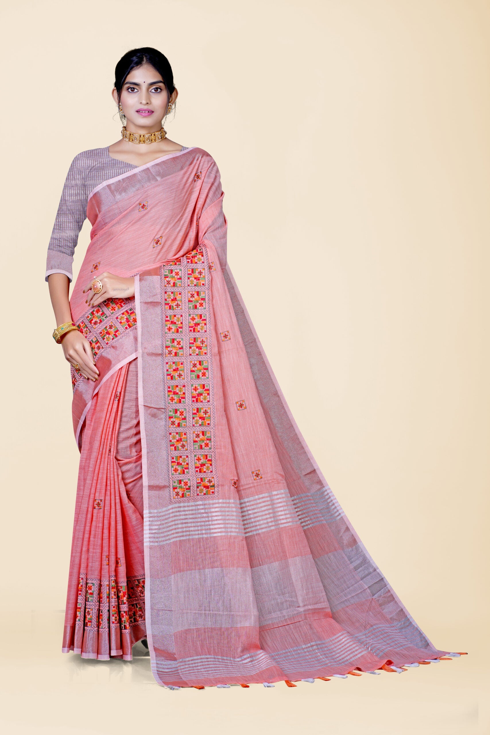 Orange Threadwork Cotton Silk Saree 