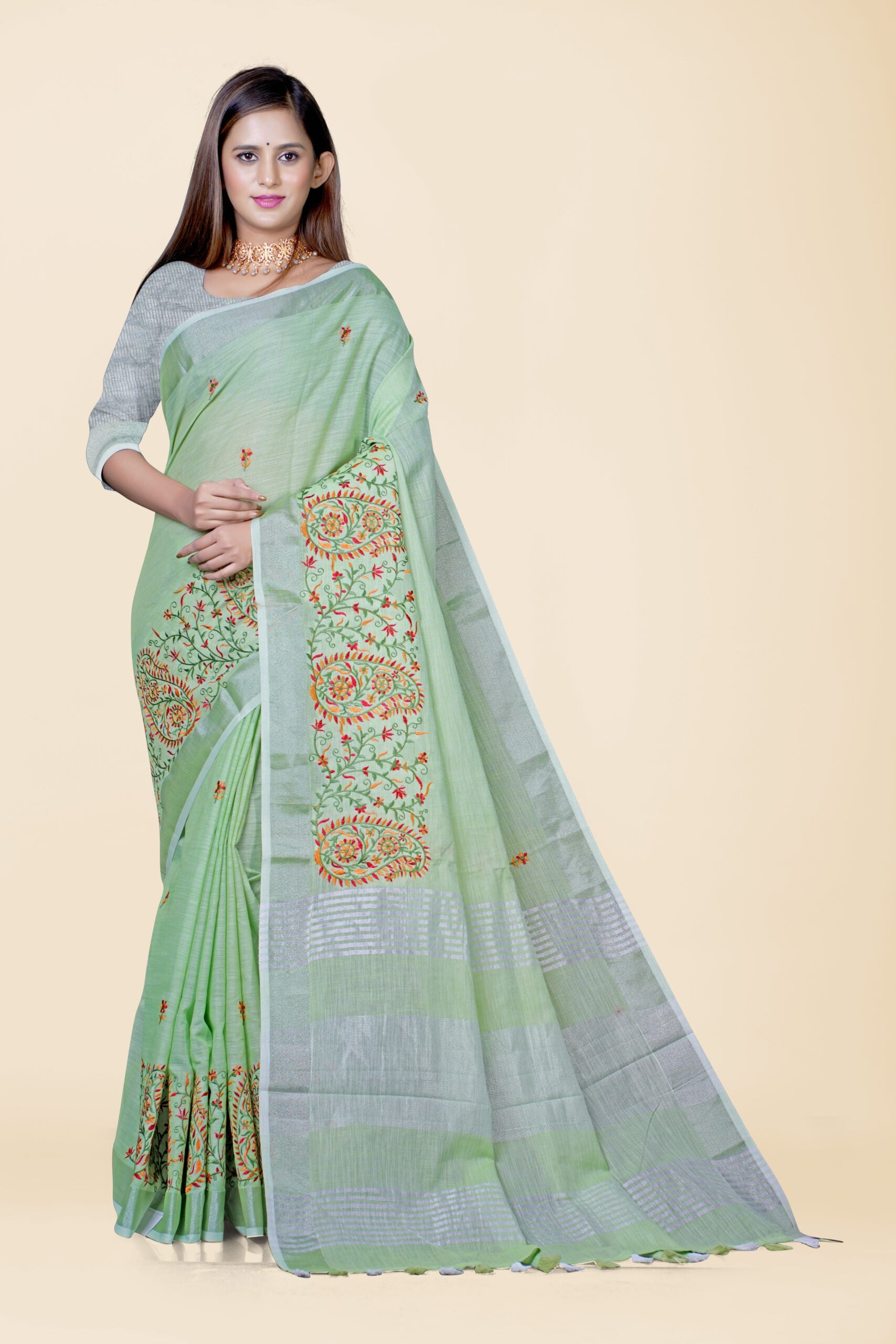 Green Threadwork Cotton Silk Saree 