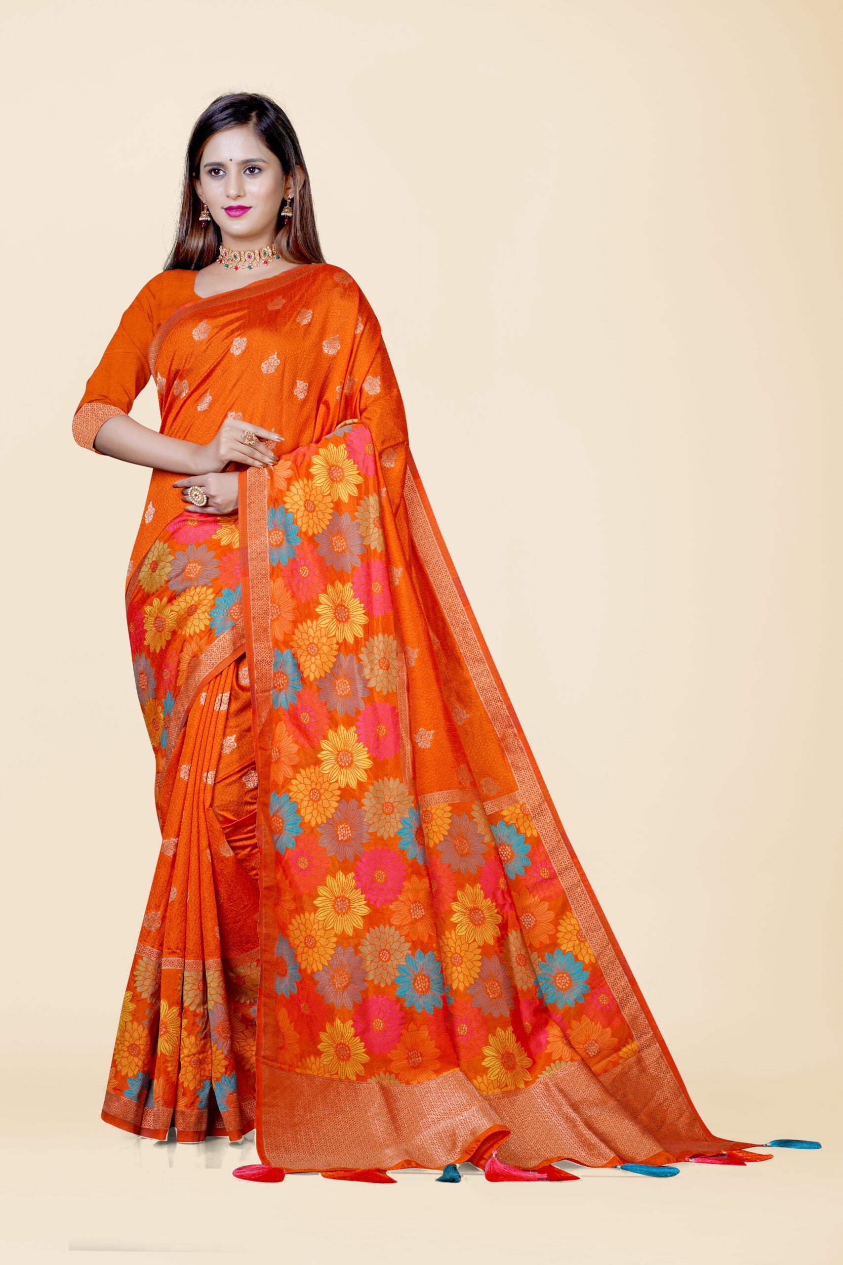 Orange Zari work Semi Silk Saree 