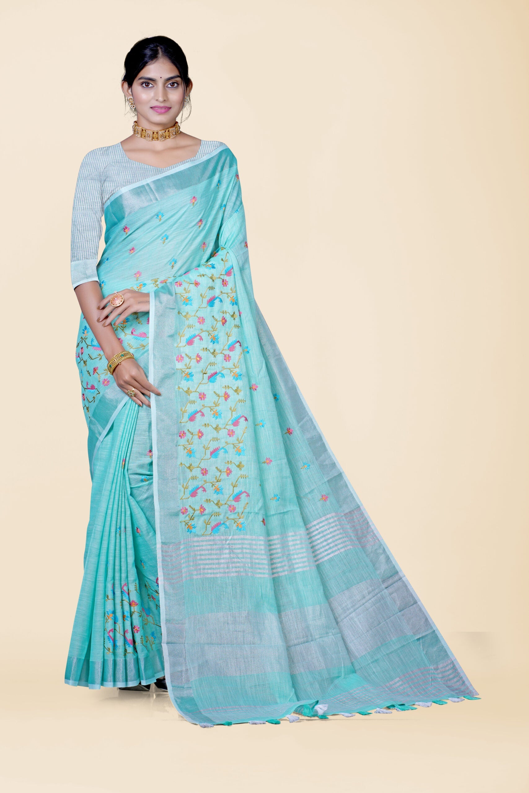 Sea Green Threadwork Cotton Silk Saree 