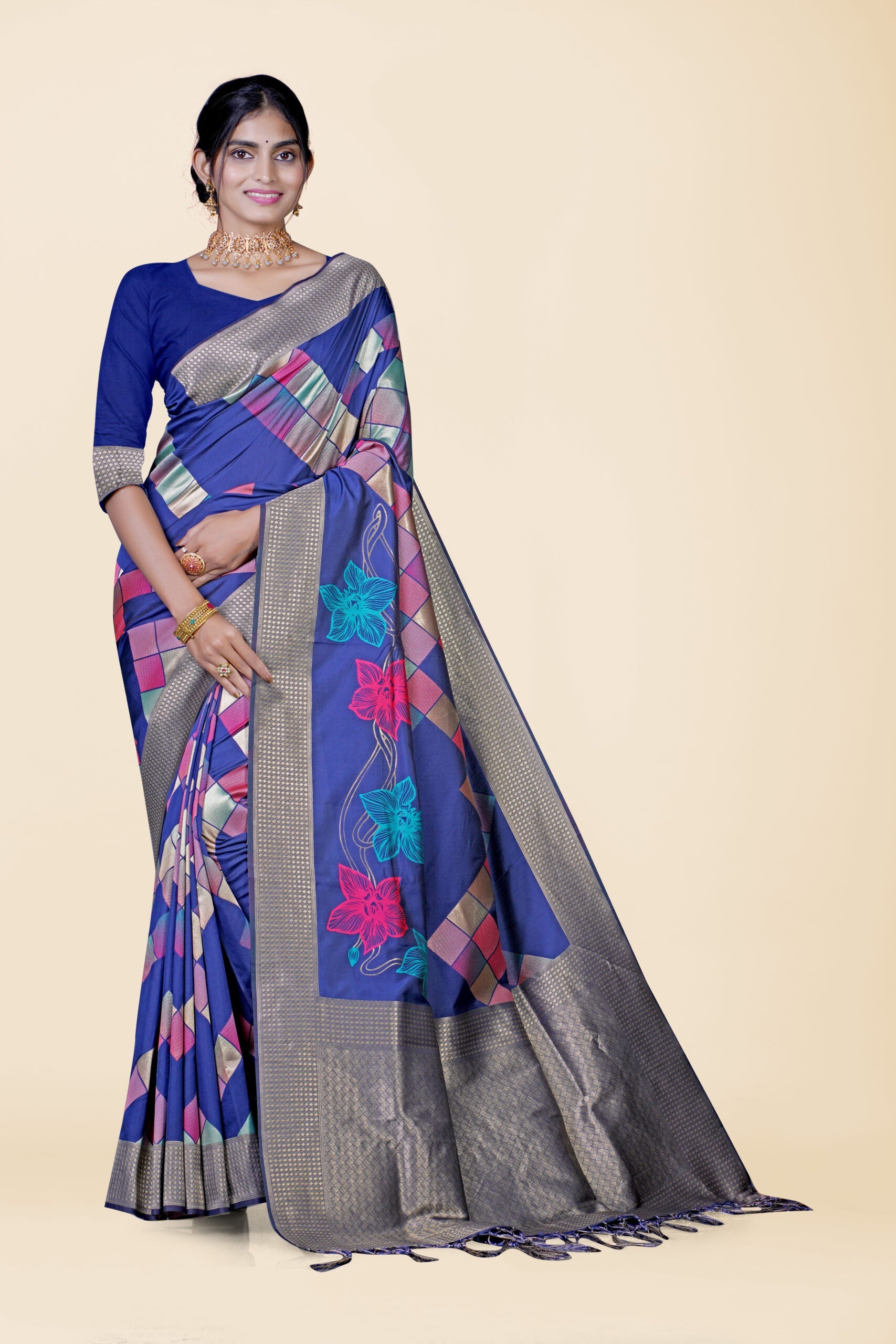 Blue Bridal Red Cotton Silk Saree 