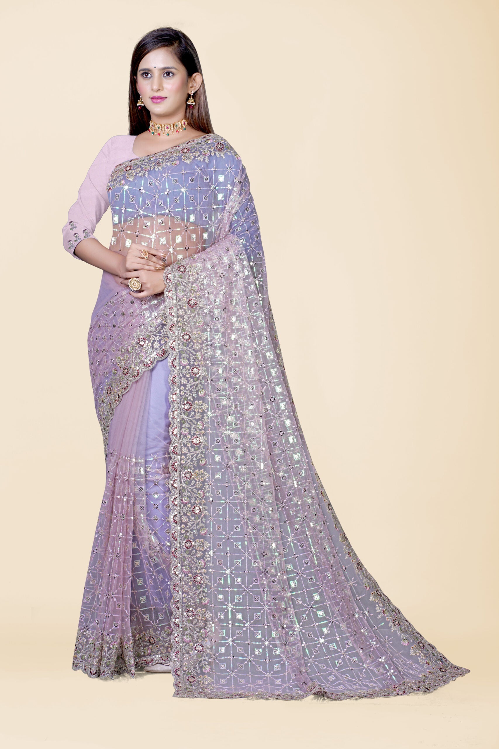 Lavender Stonework Net Saree - KAJREE