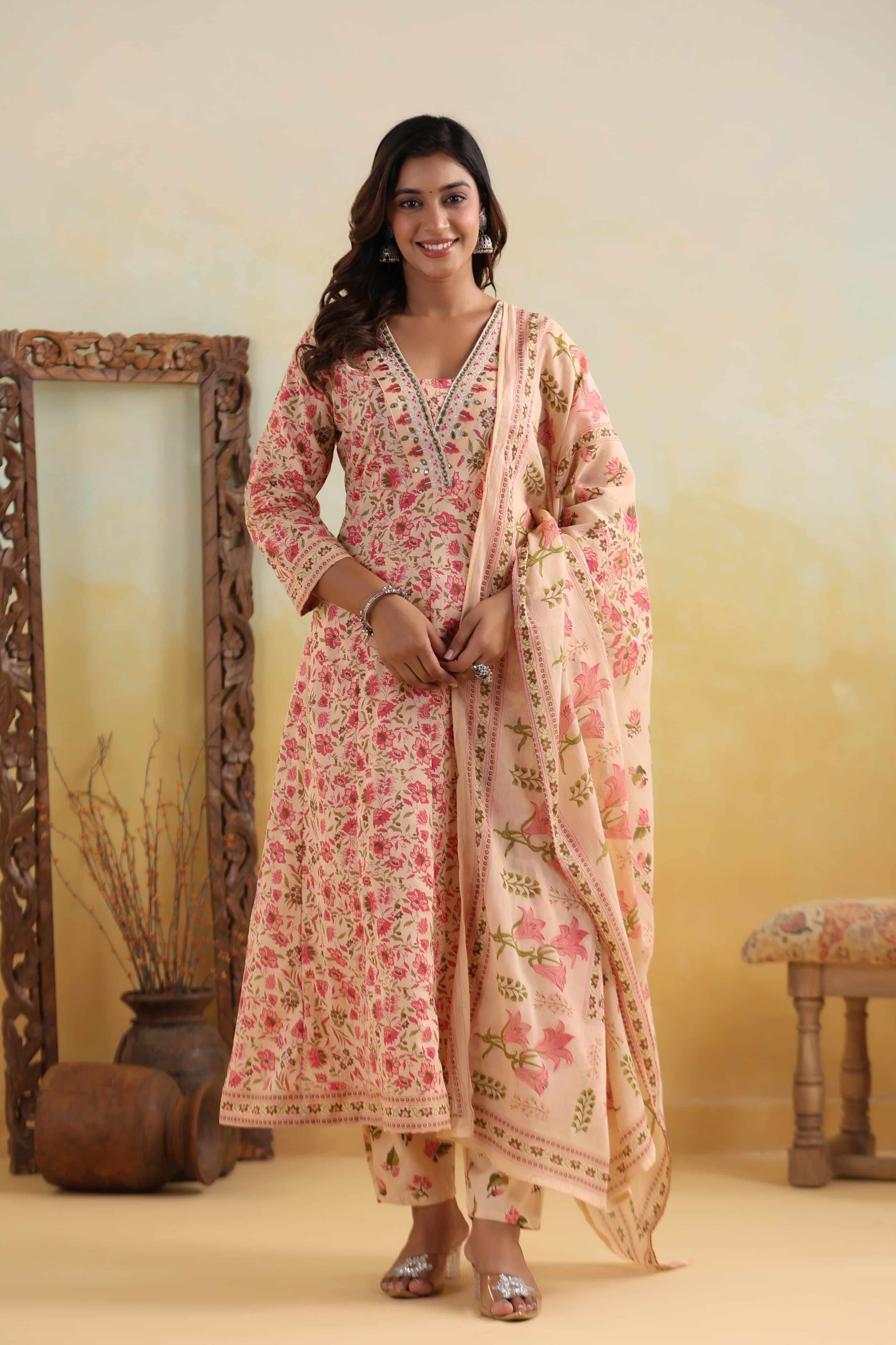 Peach Abla work Block Print cotton kurta set 