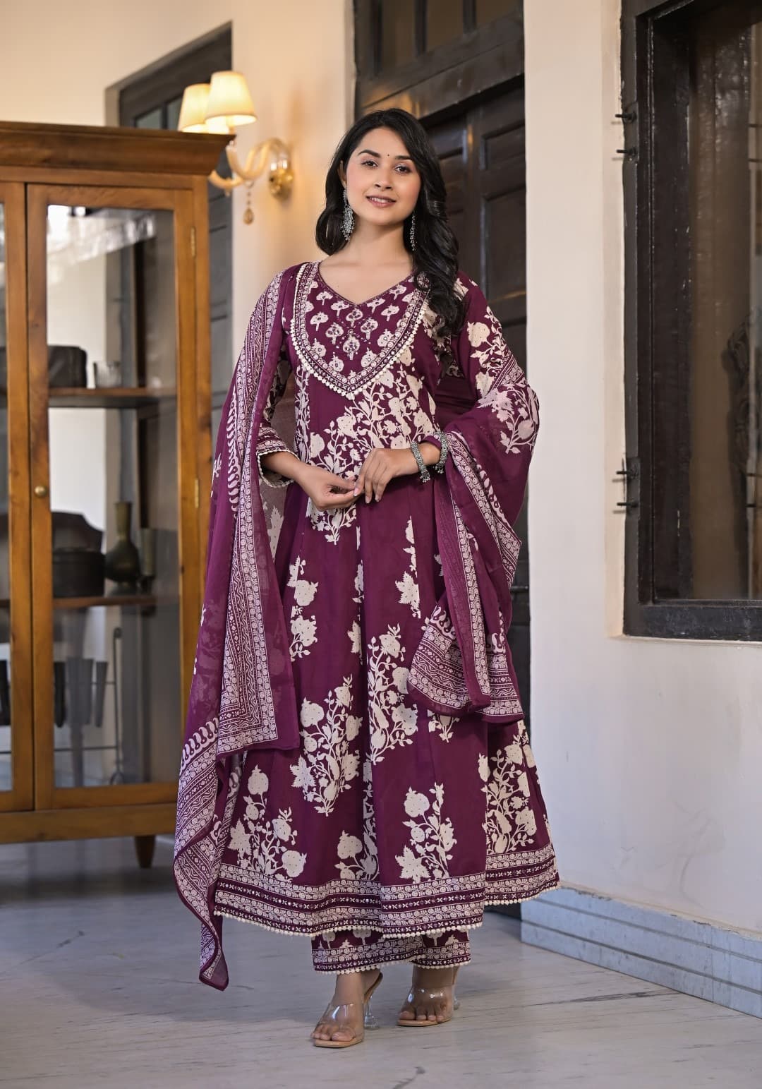 Maroon Aari work Block Print cotton kurta set 