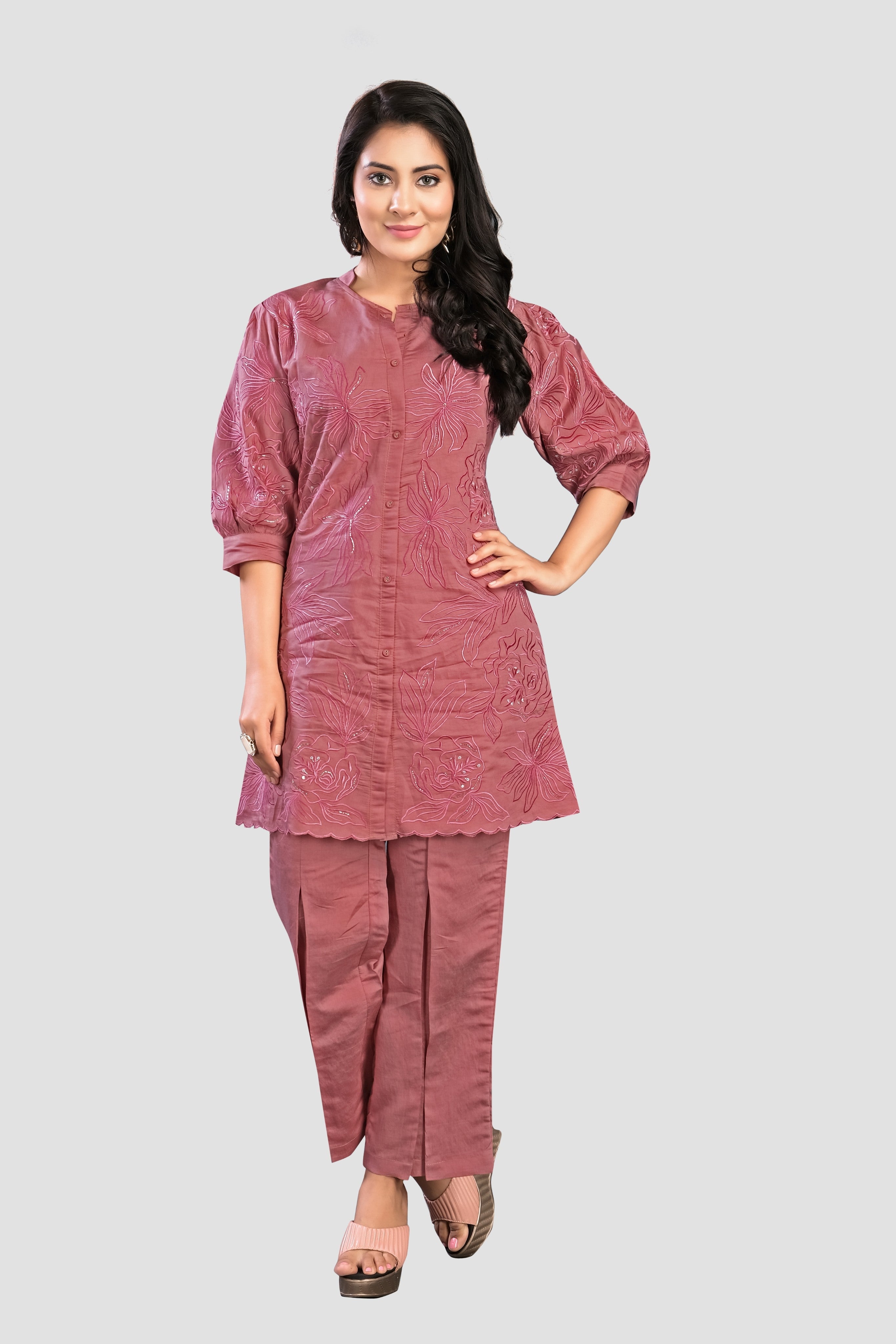 Pink Threadwork Muslin Co-Ord Set 