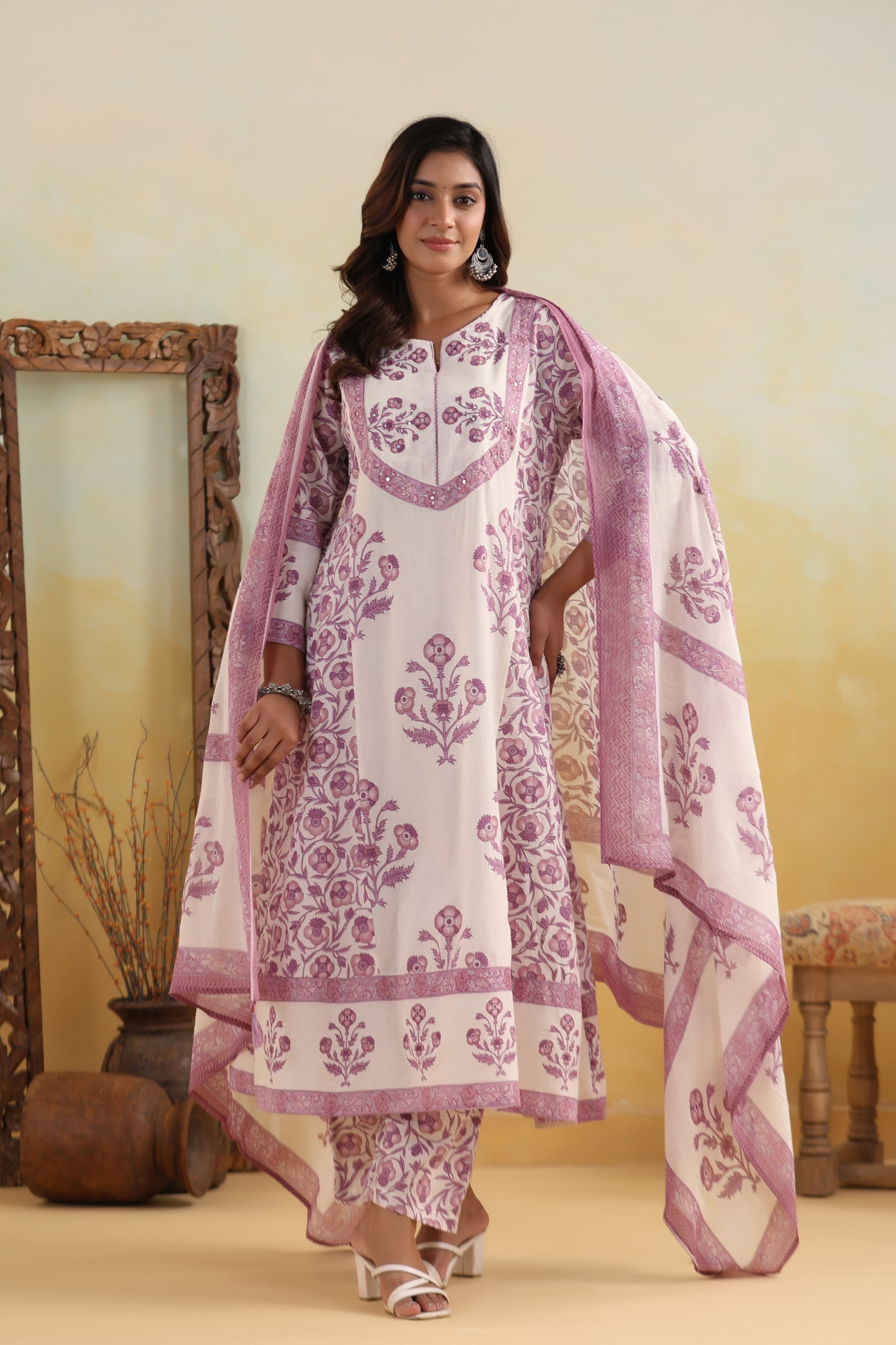 Purple Mirror work Block Print cotton kurta set 