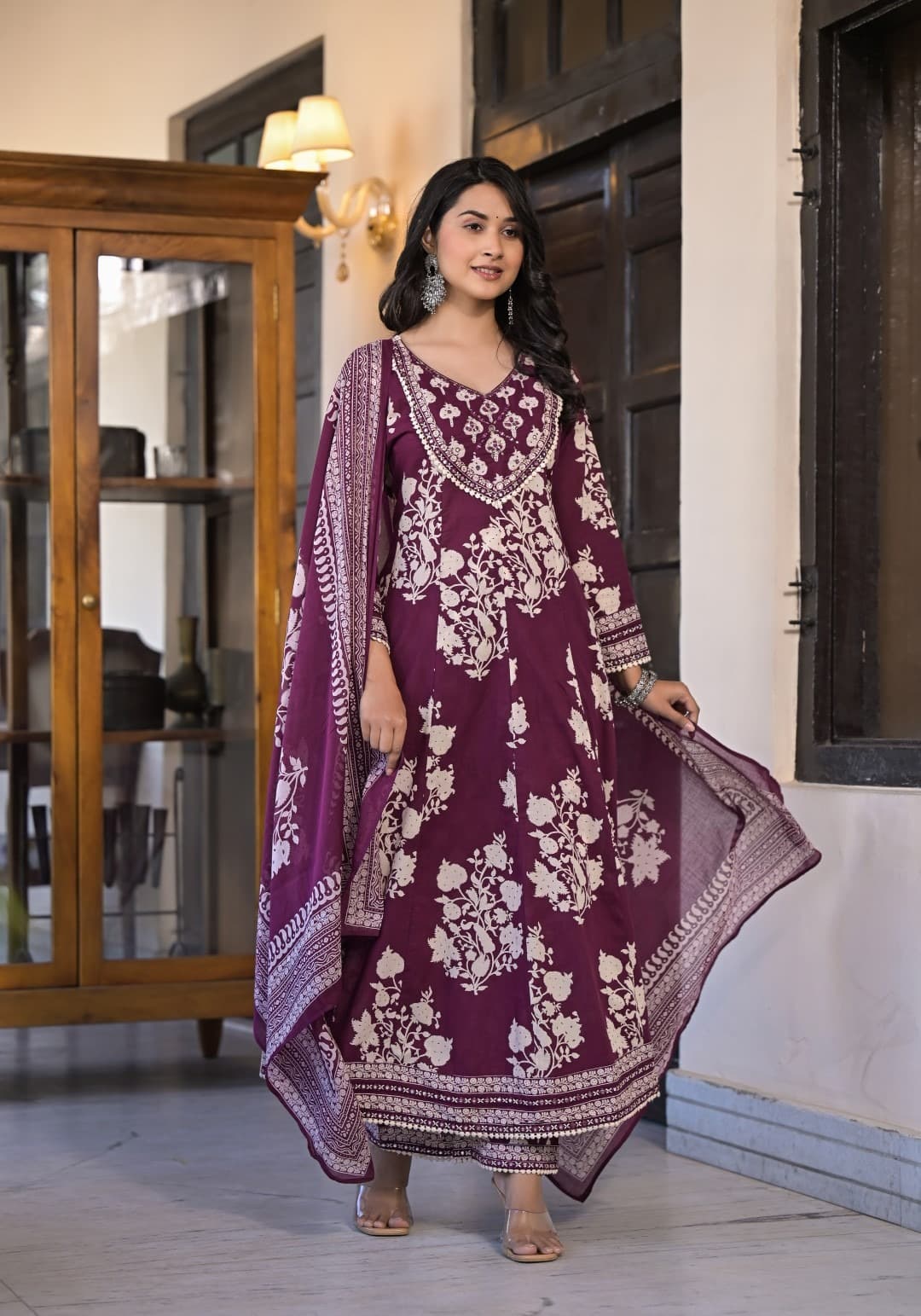 Maroon Aari work Block Print cotton kurta set 