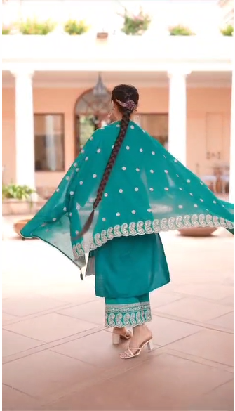 Rama Blue Thread and foil work Muslin Palazoo set - kajree