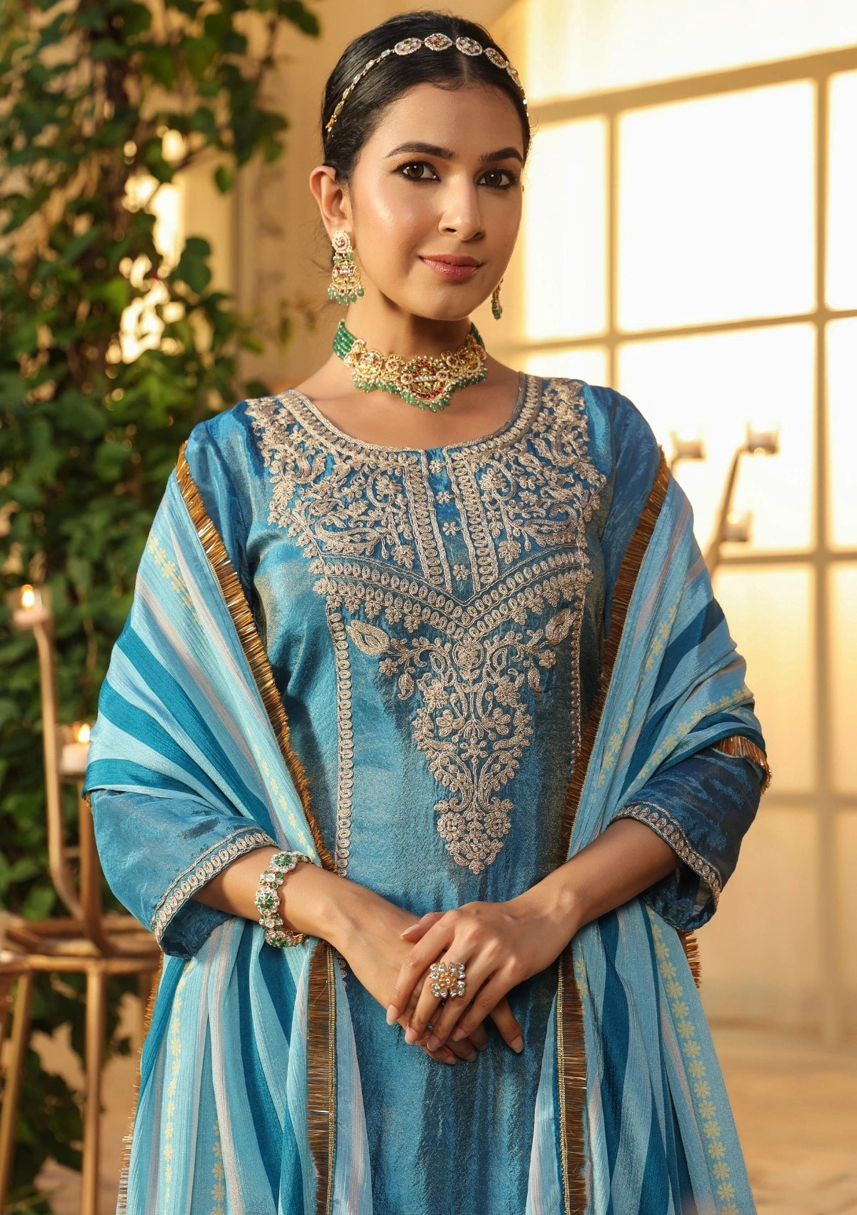 Blue Handwork Silk Kurta Set with Dupatta 