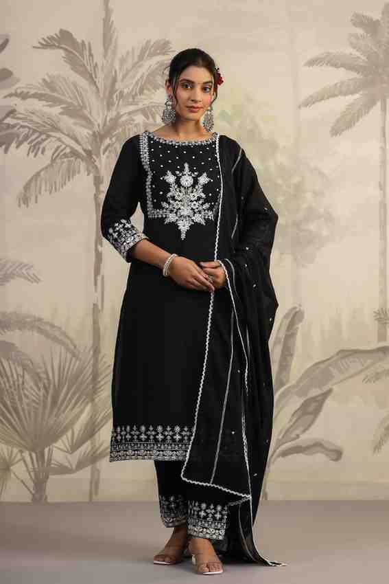 Black Threadwork Cotton Kurta Set - kajree