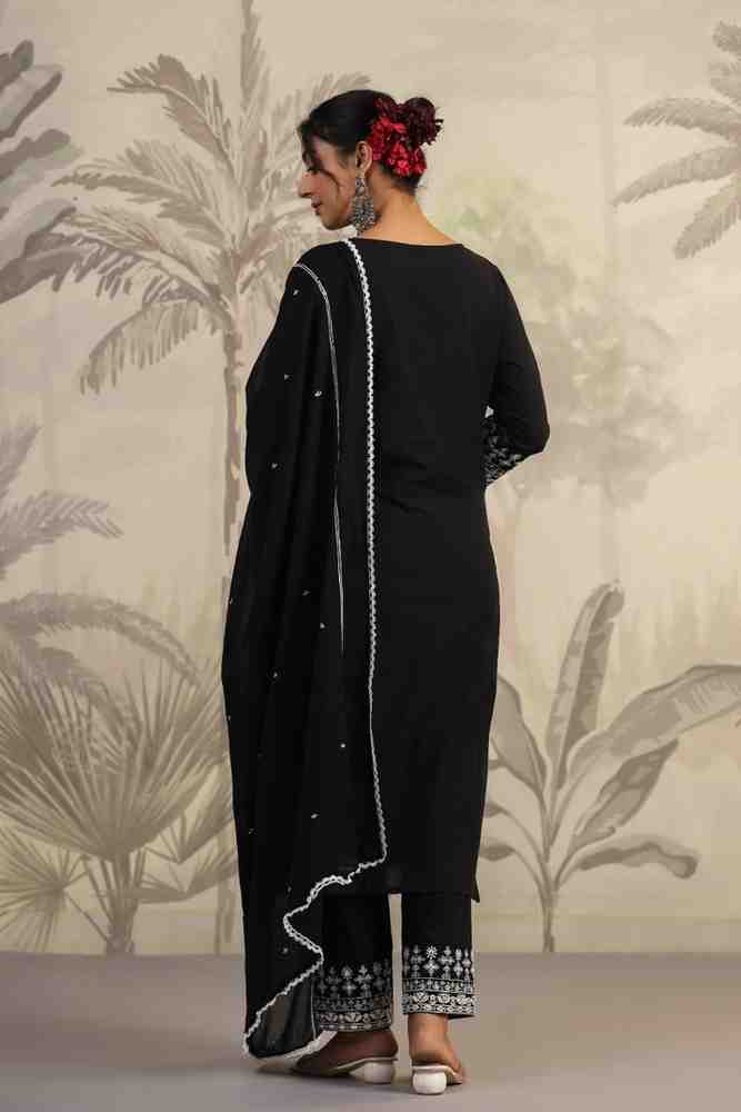 Black Threadwork Cotton Kurta Set - kajree