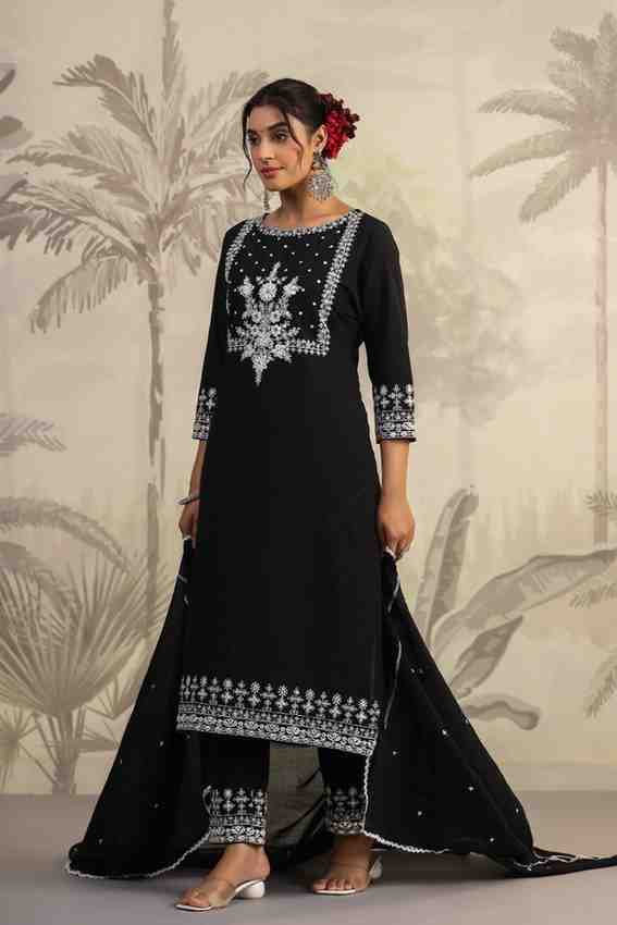 Black Threadwork Cotton Kurta Set - kajree