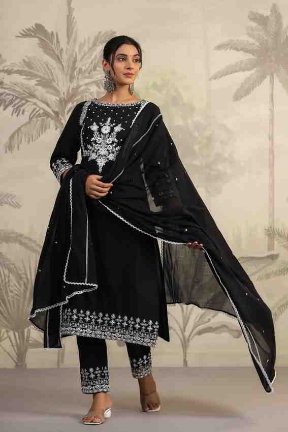 Black Threadwork Cotton Kurta Set - kajree