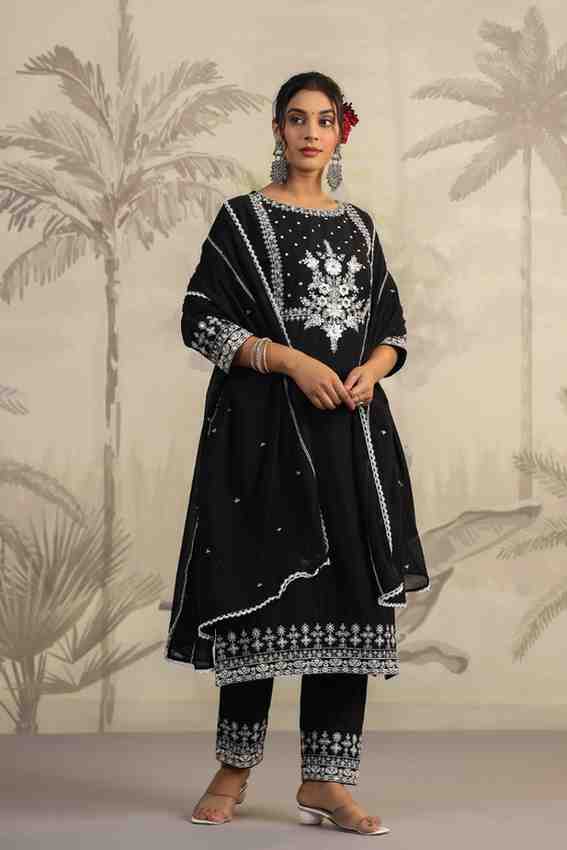 Black Threadwork Cotton Kurta Set - Kajree