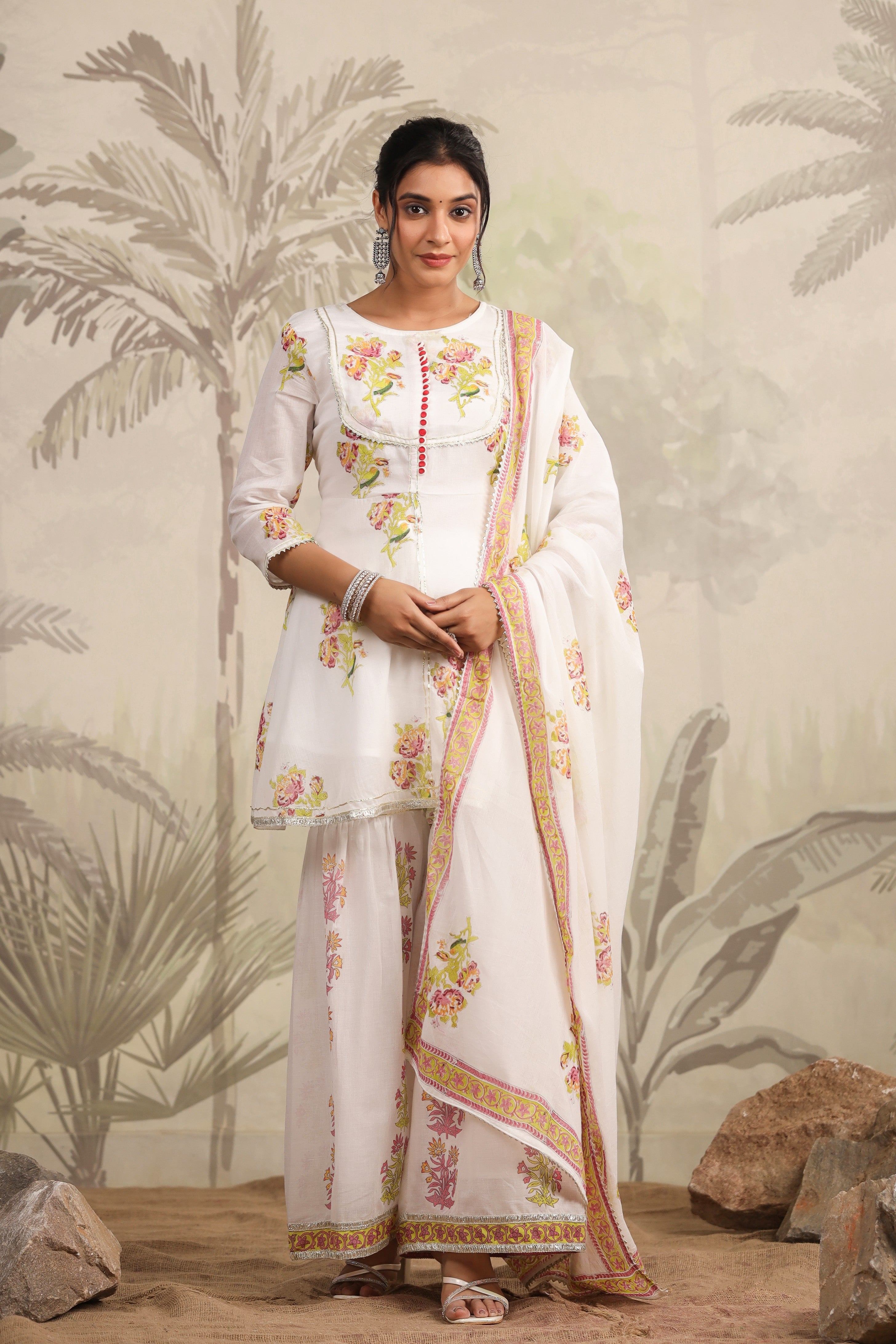 White Block Printed Floral Cotton Sharara Set - Kajree