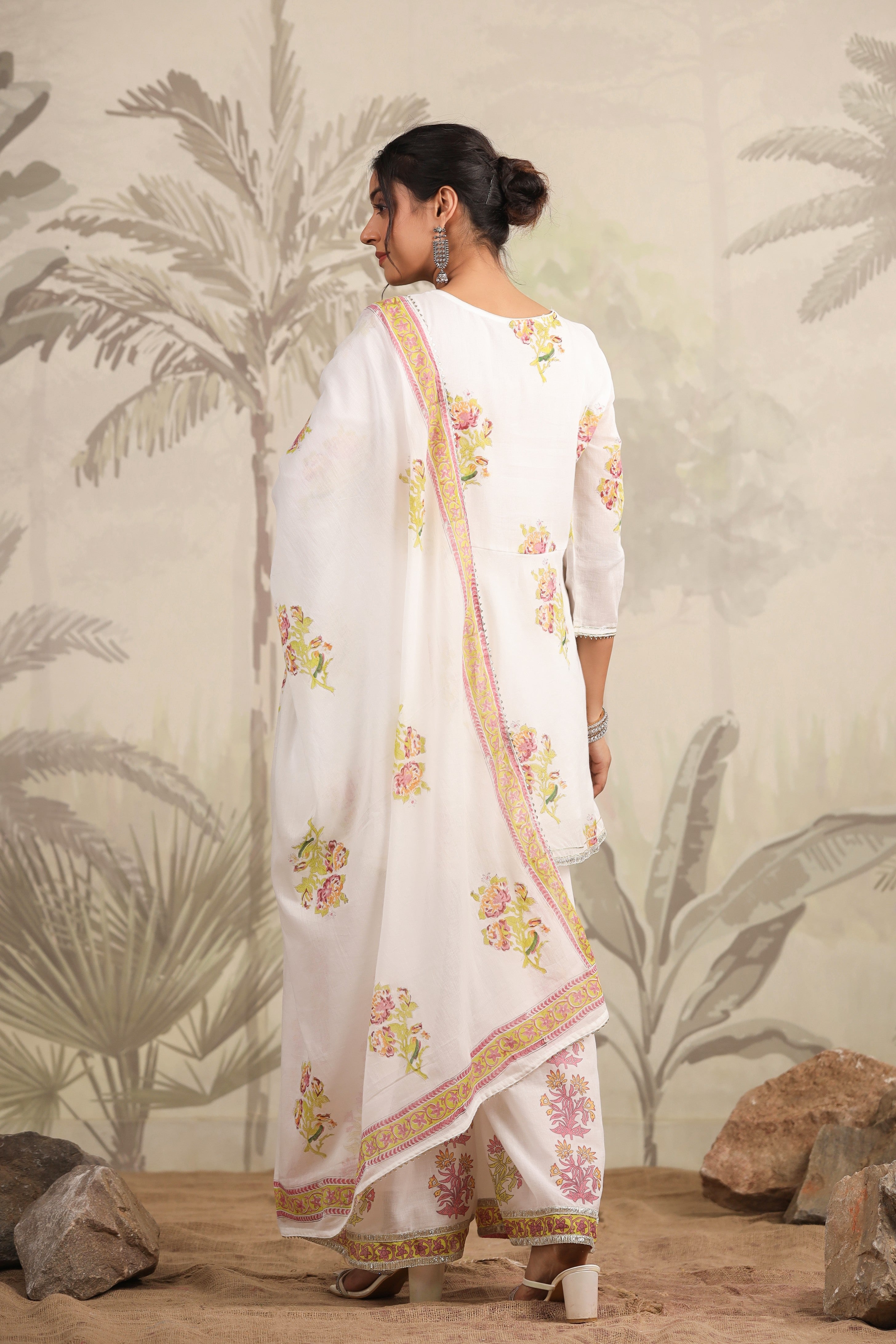 White Block Printed Floral Cotton Sharara Set - Kajree