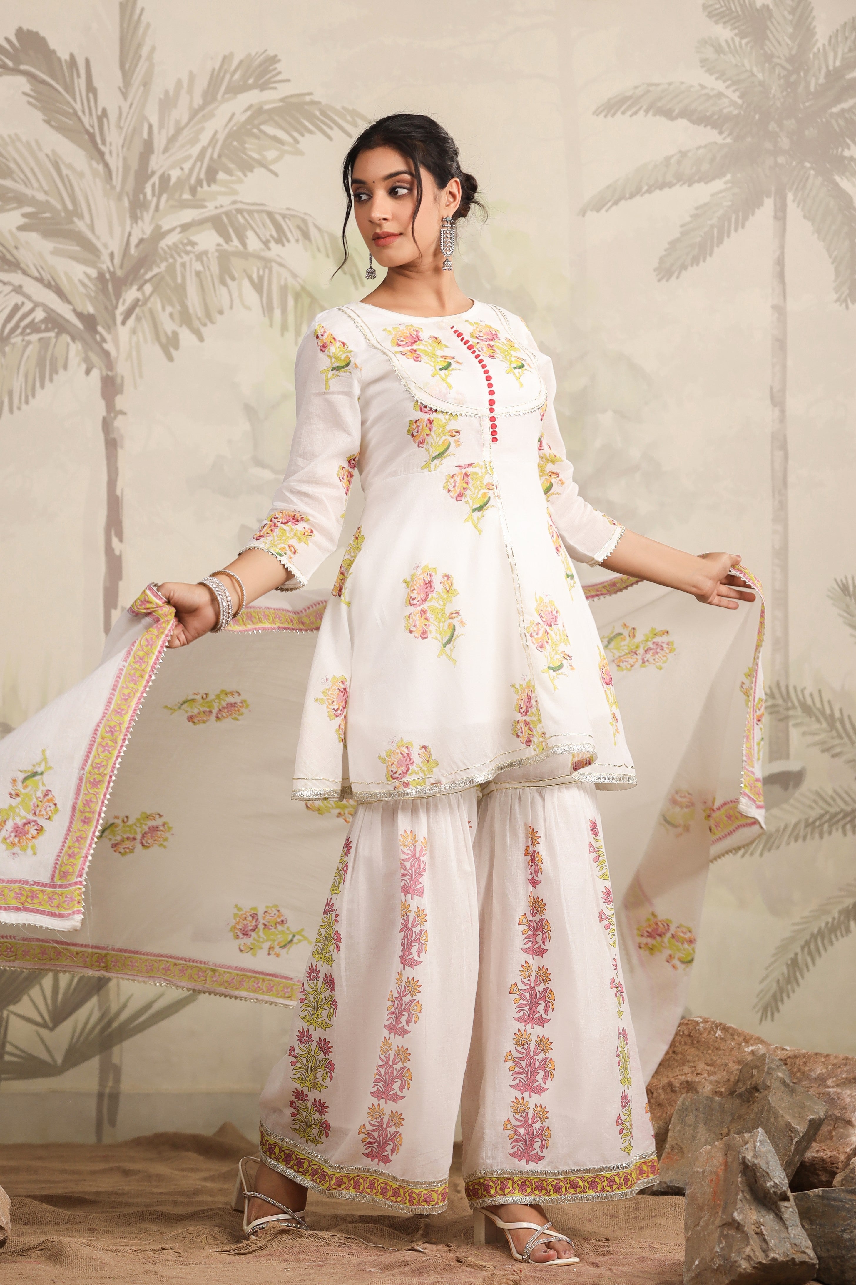 White Block Printed Floral Cotton Sharara Set - Kajree