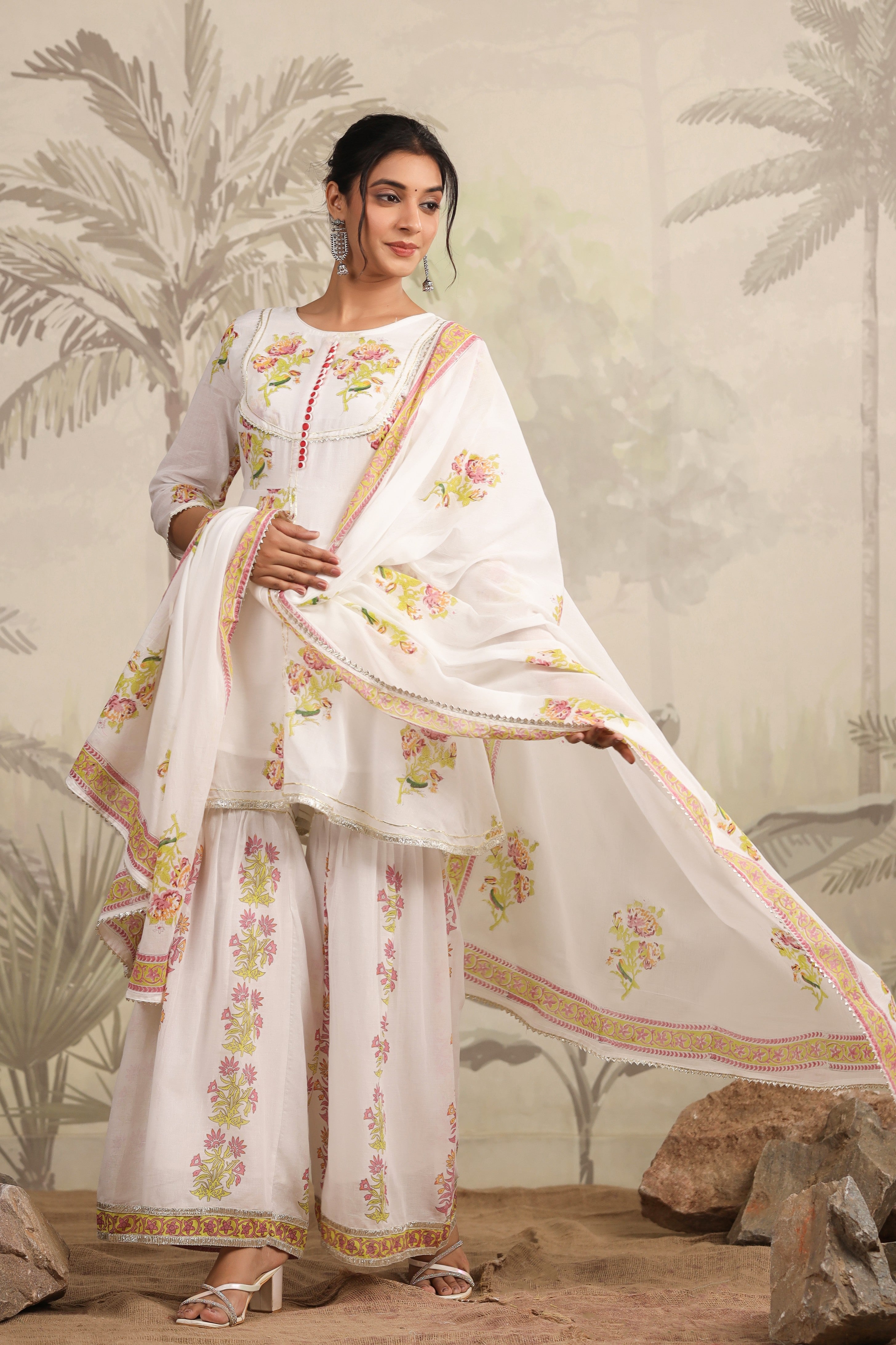 White Block Printed Floral Cotton Sharara Set 