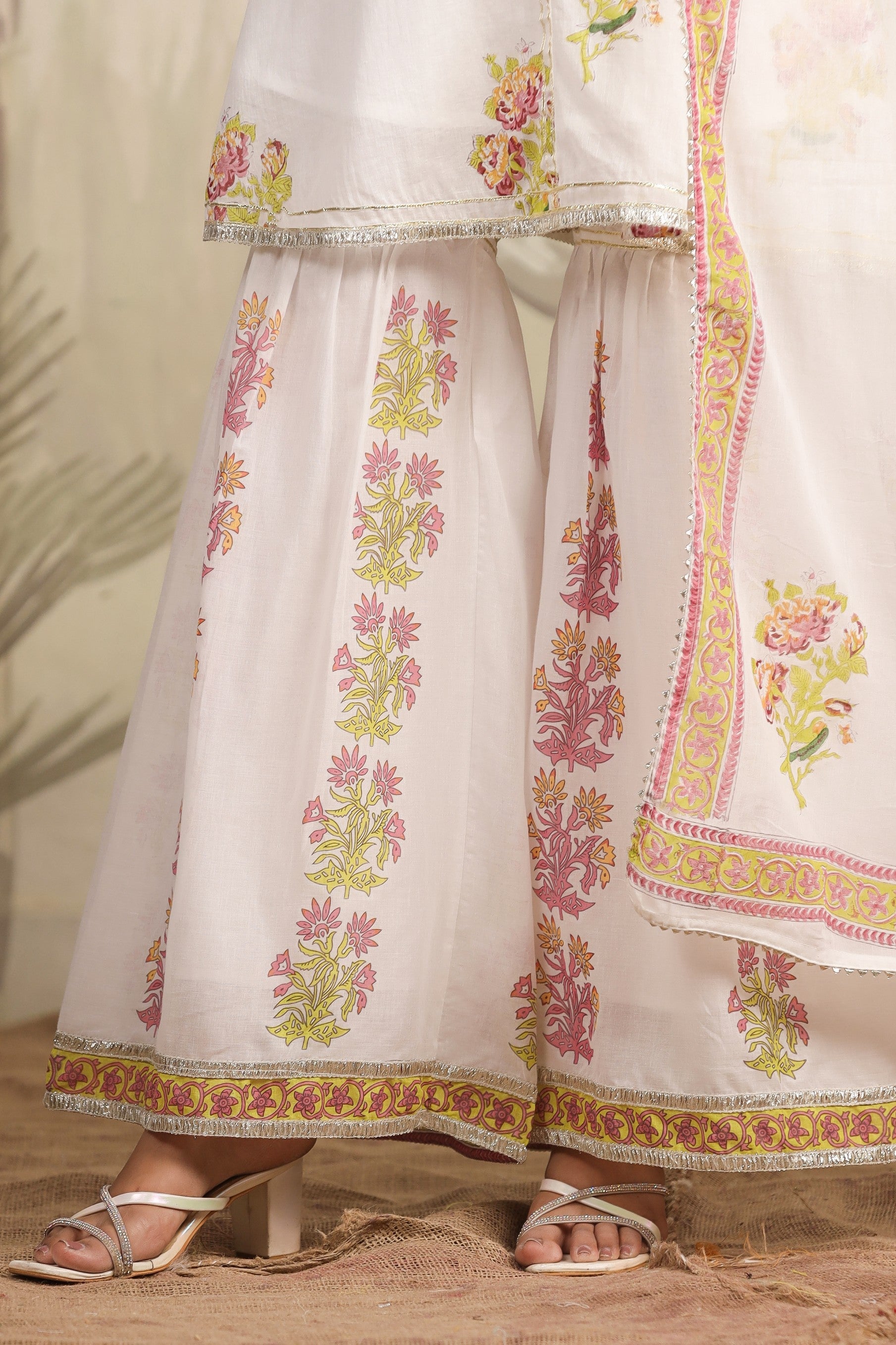 White Block Printed Floral Cotton Sharara Set 