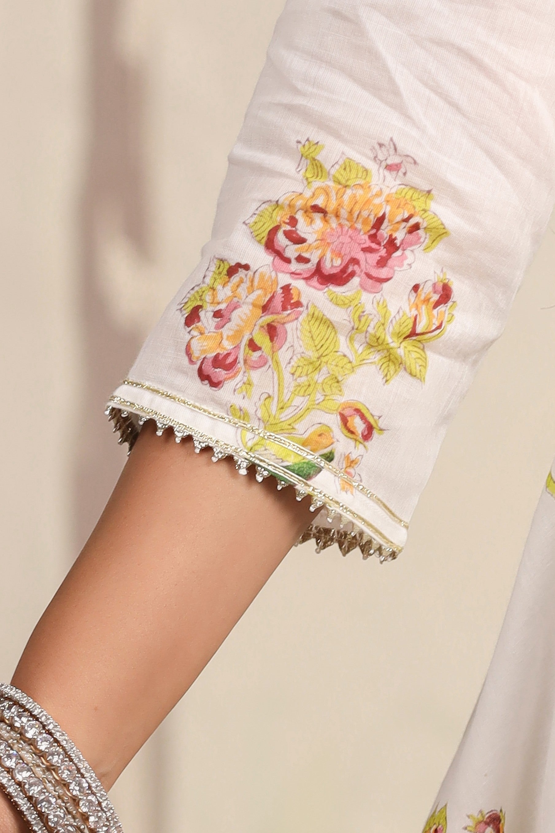 White Block Printed Floral Cotton Sharara Set 