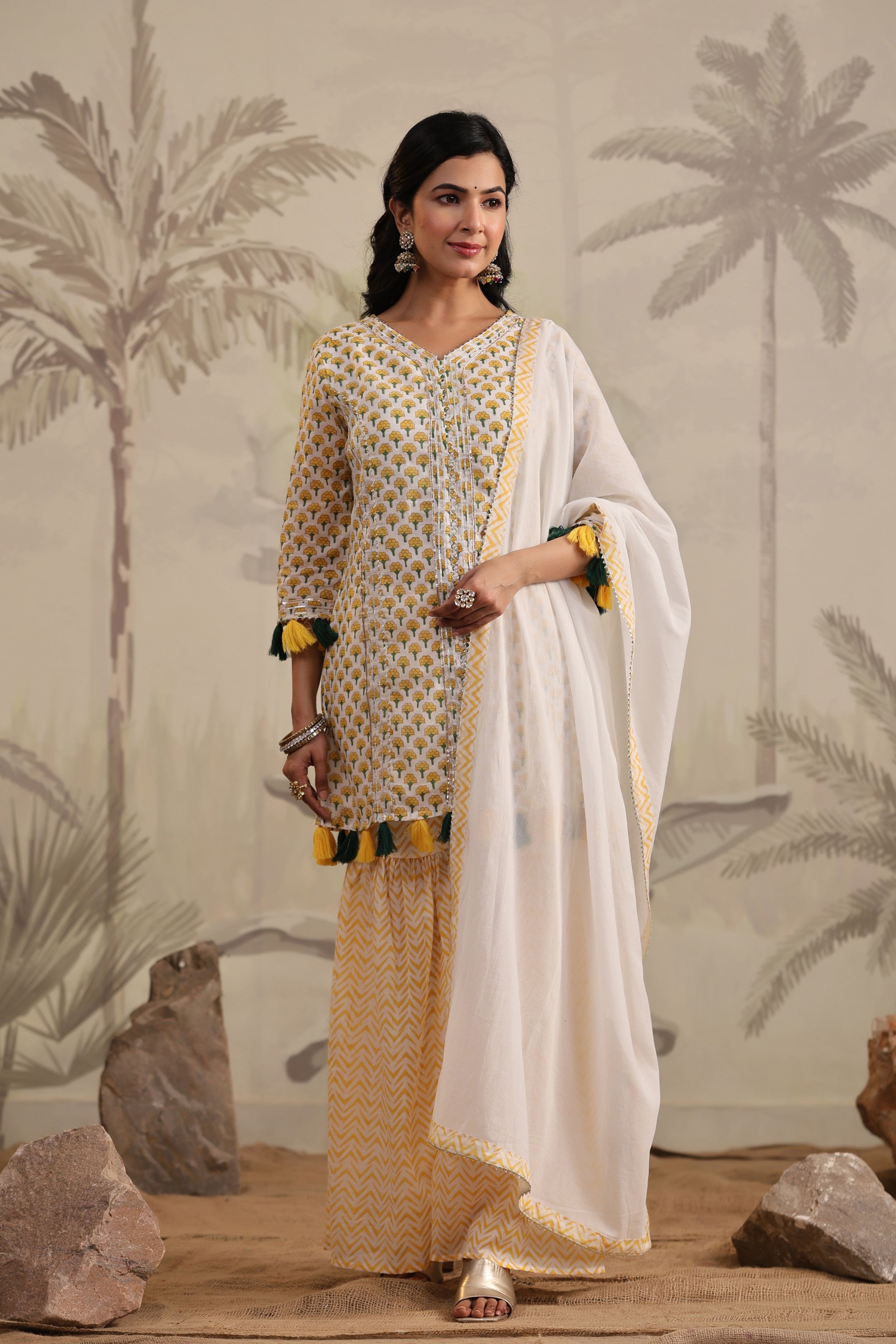 Yellow Gotta Patti Work Cotton Sharara Set 