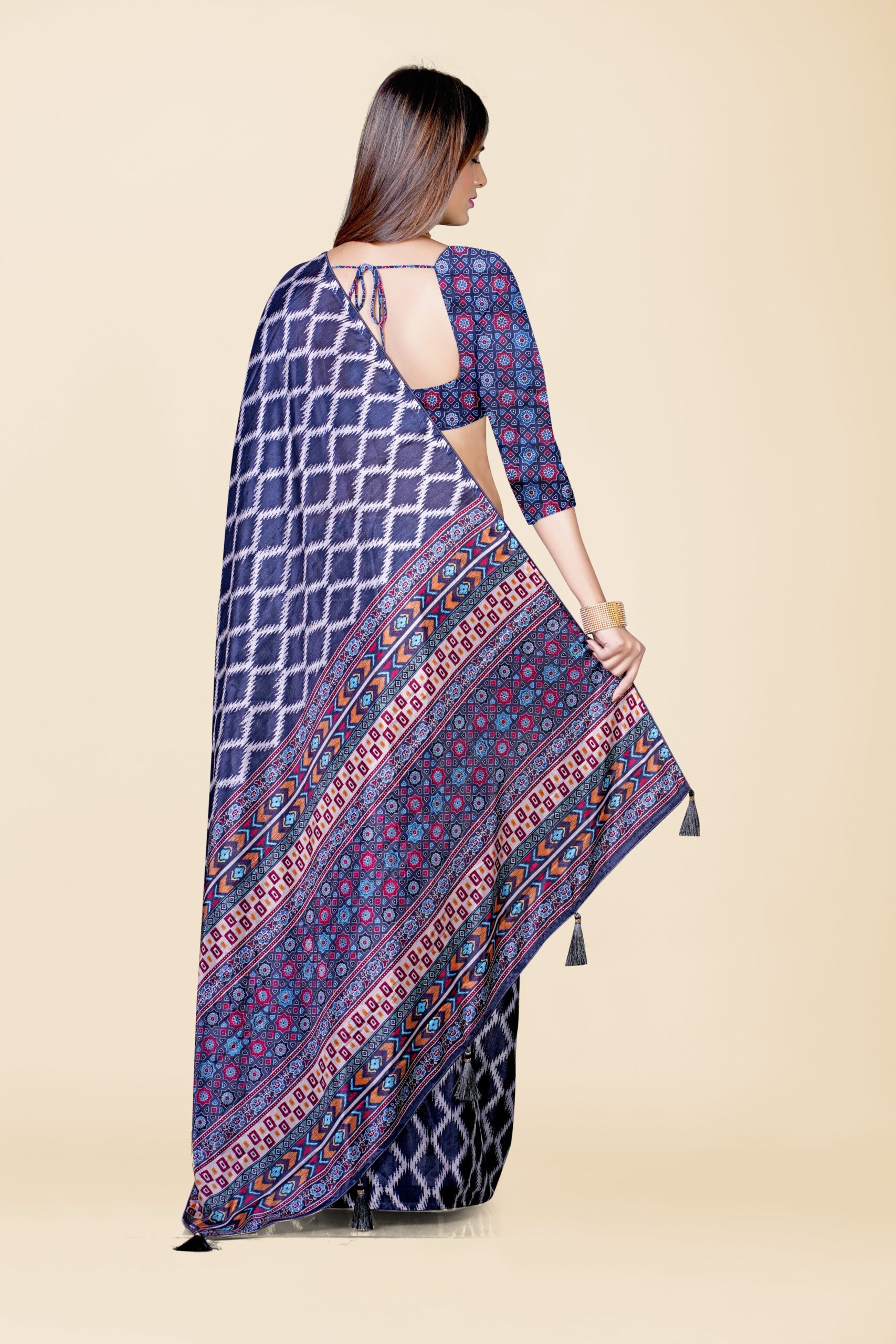 Navy Blue Block Print Cotton Saree - KAJREE