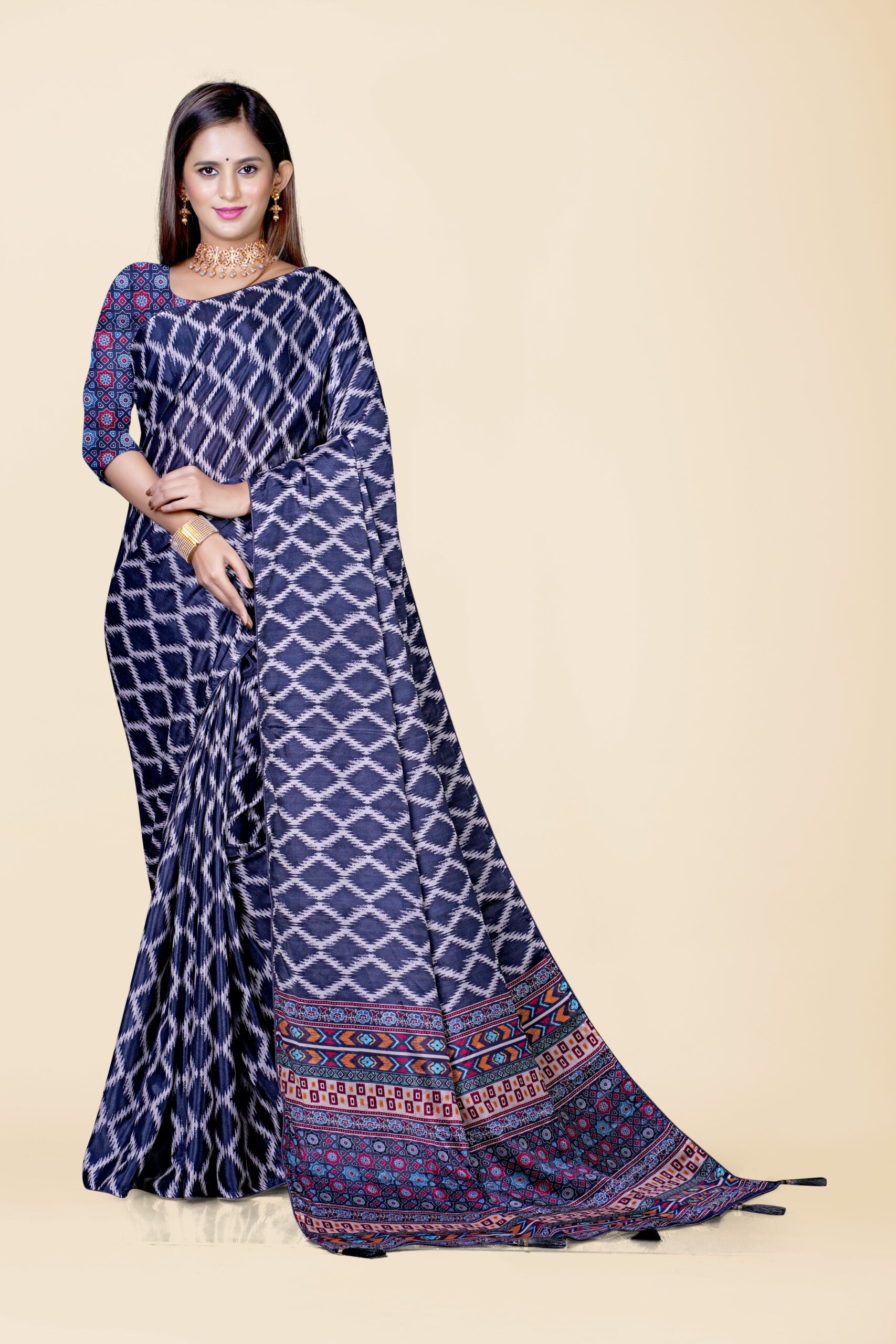 Navy Blue Block Print Cotton Saree - KAJREE