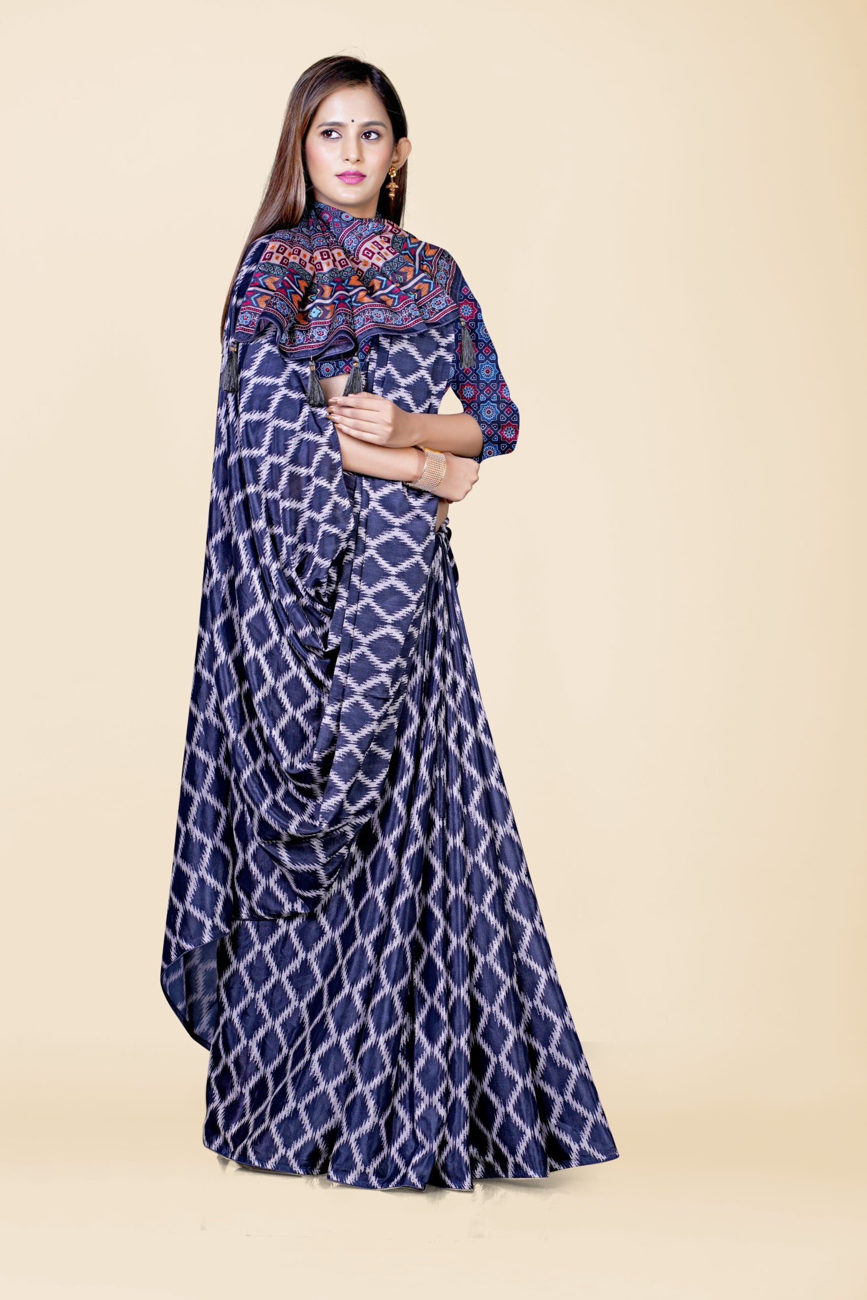 Navy Blue Block Print Cotton Saree - KAJREE