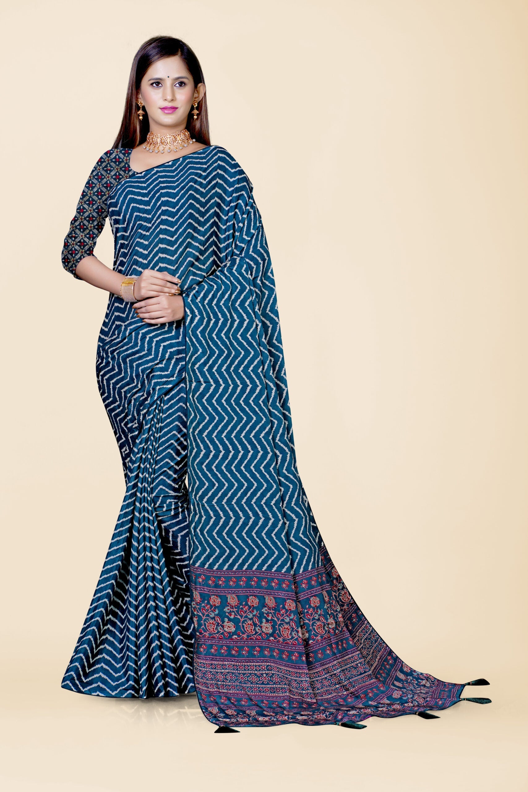 Rama Green Block Print Cotton Saree 