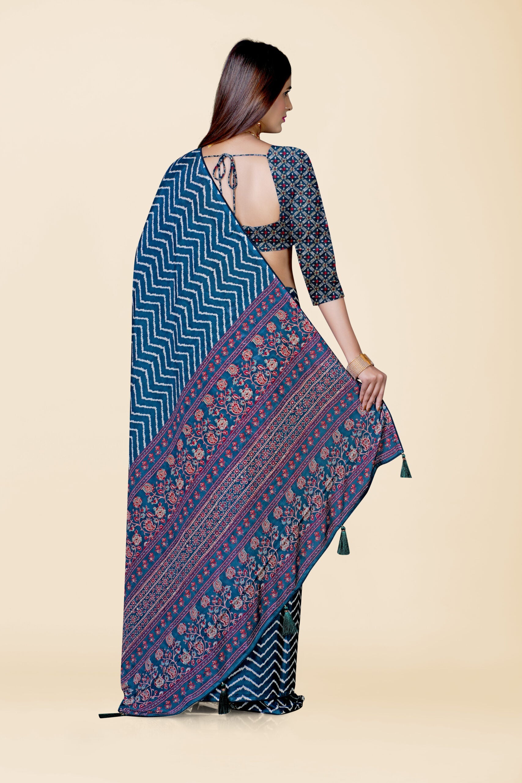 Rama Green Block Print Cotton Saree 