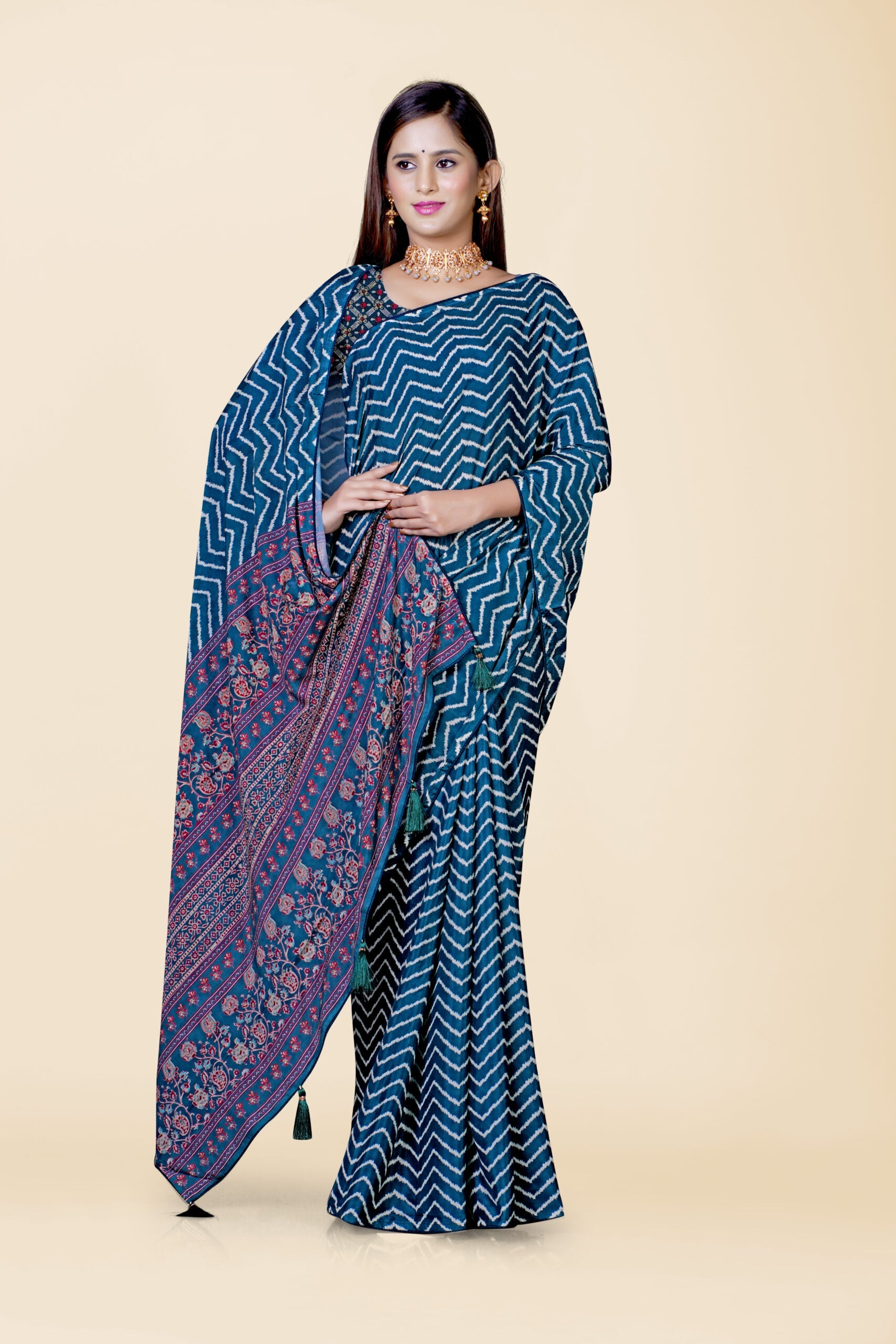 Rama Green Block Print Cotton Saree 