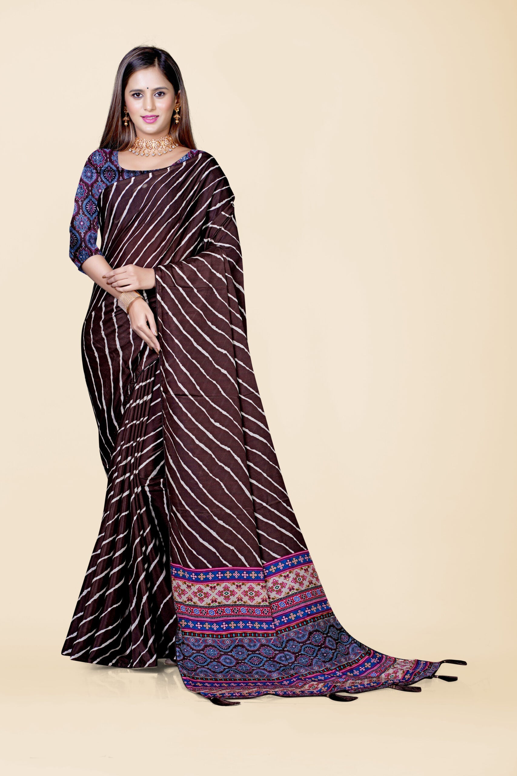 Brown Block Print Cotton Saree 