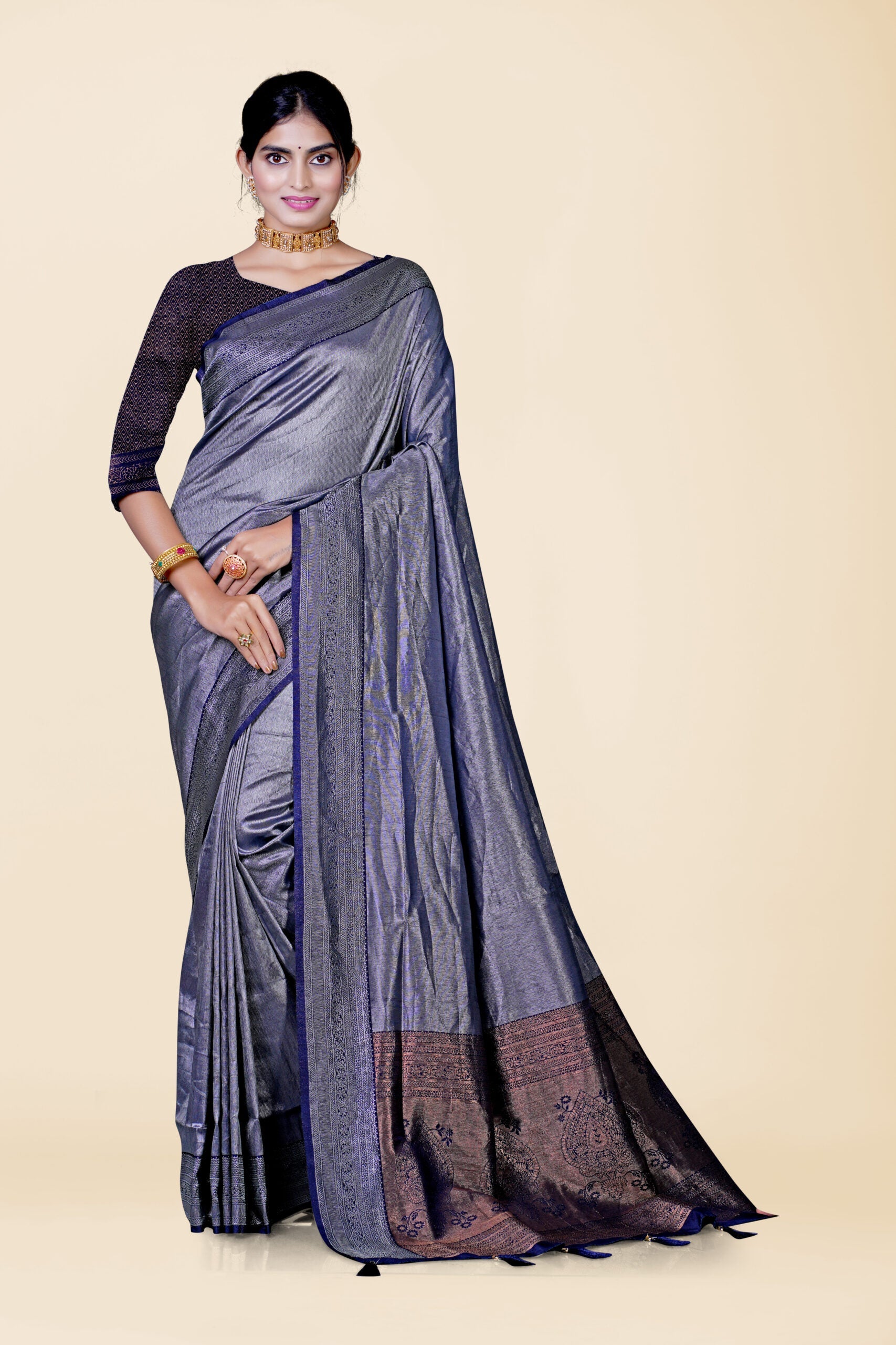 Navy Blue Zariwork Tissue Silk Saree 